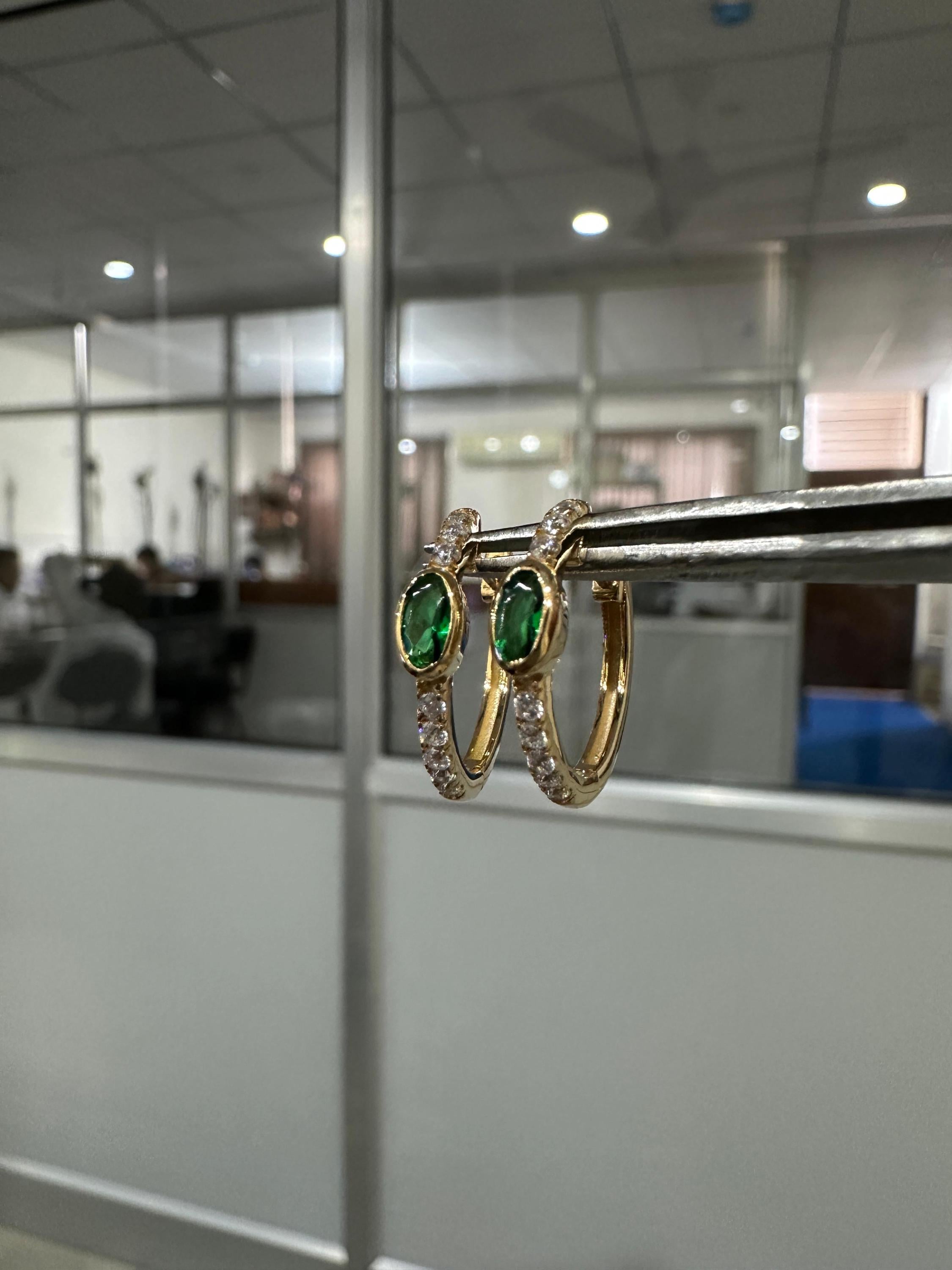 Lab Zambian Emerald Hoop Earrings | 14K Yellow Gold Oval Diamond Huggie May Birthstone