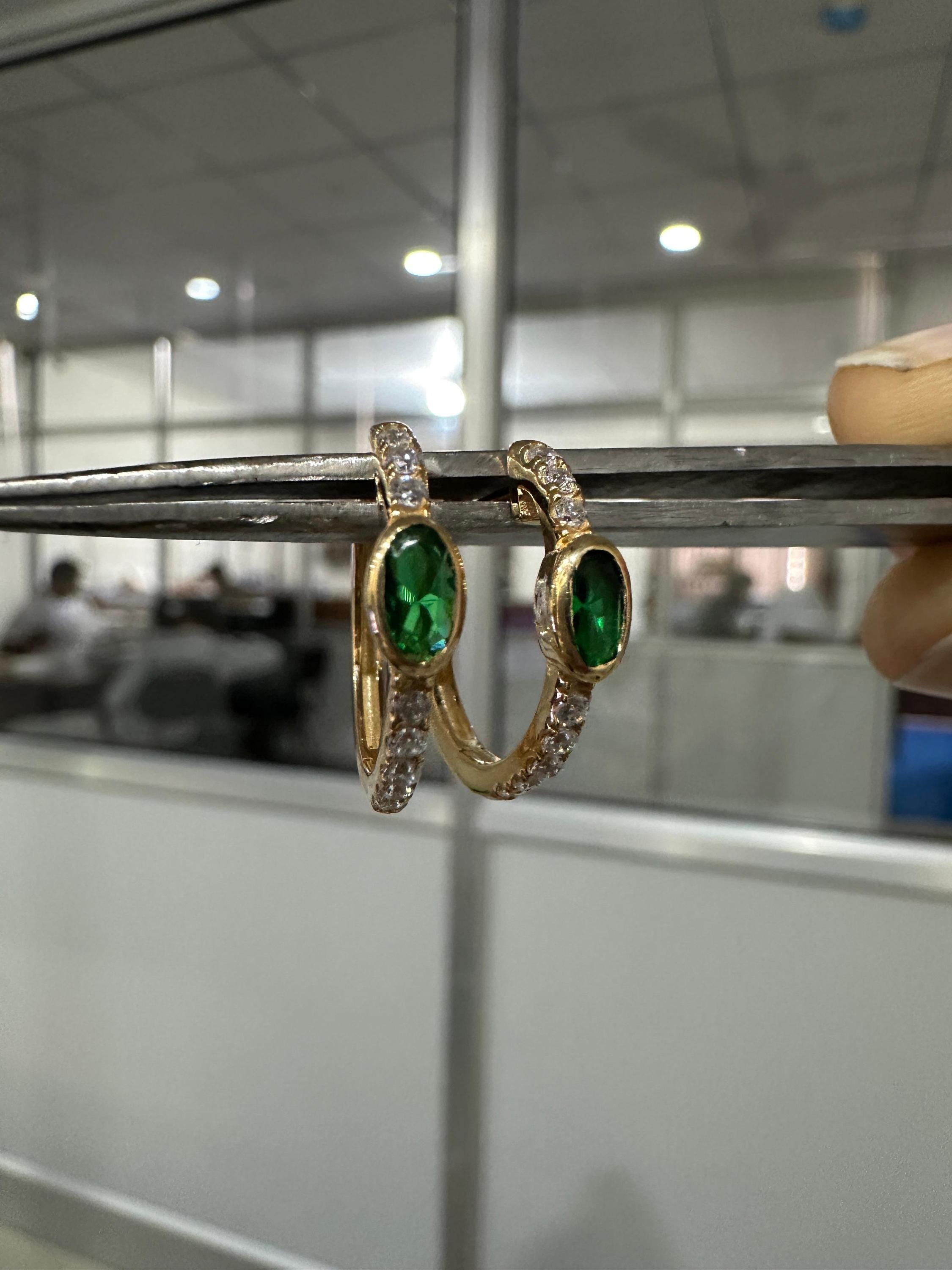 Lab Zambian Emerald Hoop Earrings | 14K Yellow Gold Oval Diamond Huggie May Birthstone