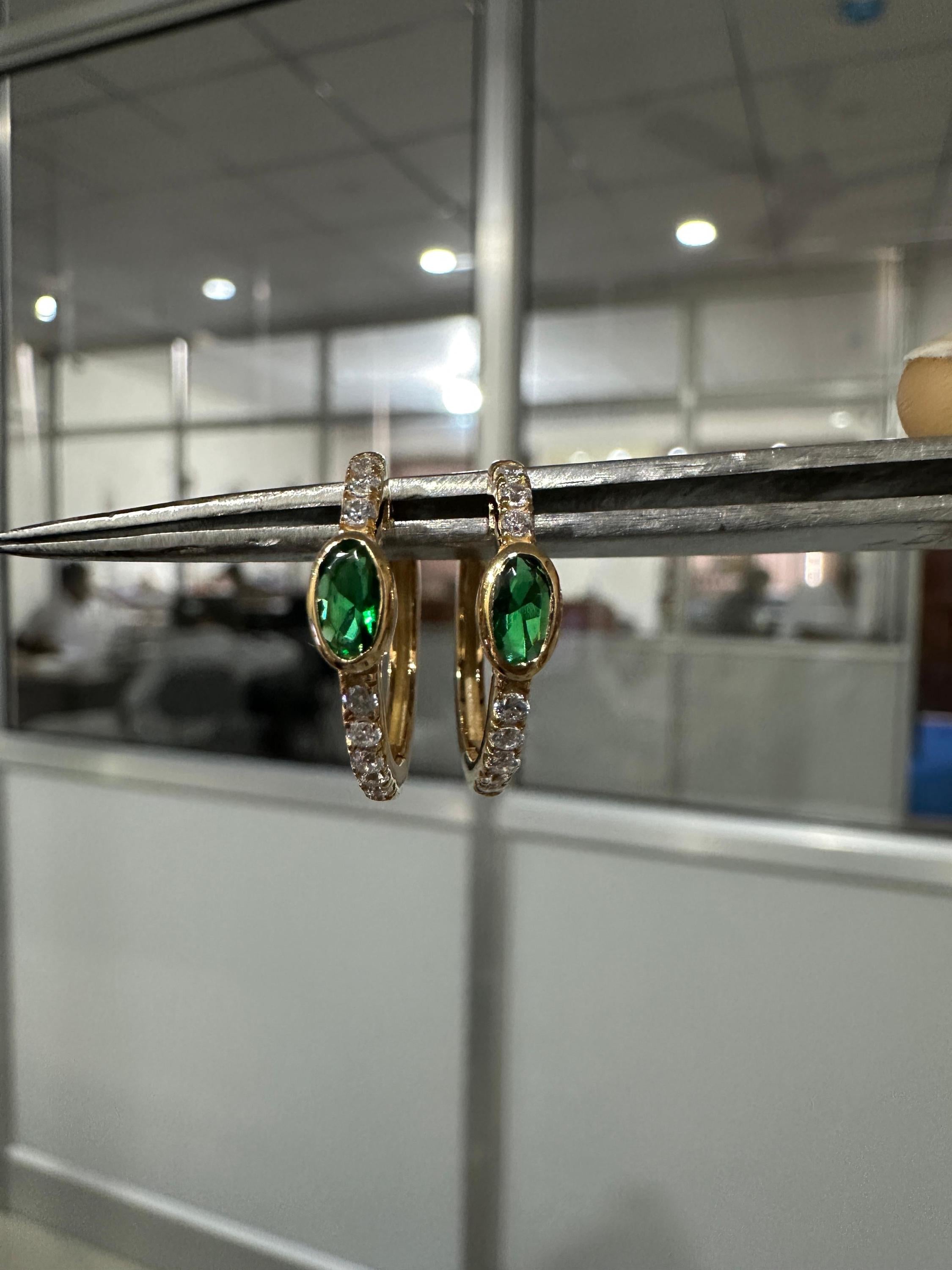 Lab Zambian Emerald Hoop Earrings | 14K Yellow Gold Oval Diamond Huggie May Birthstone