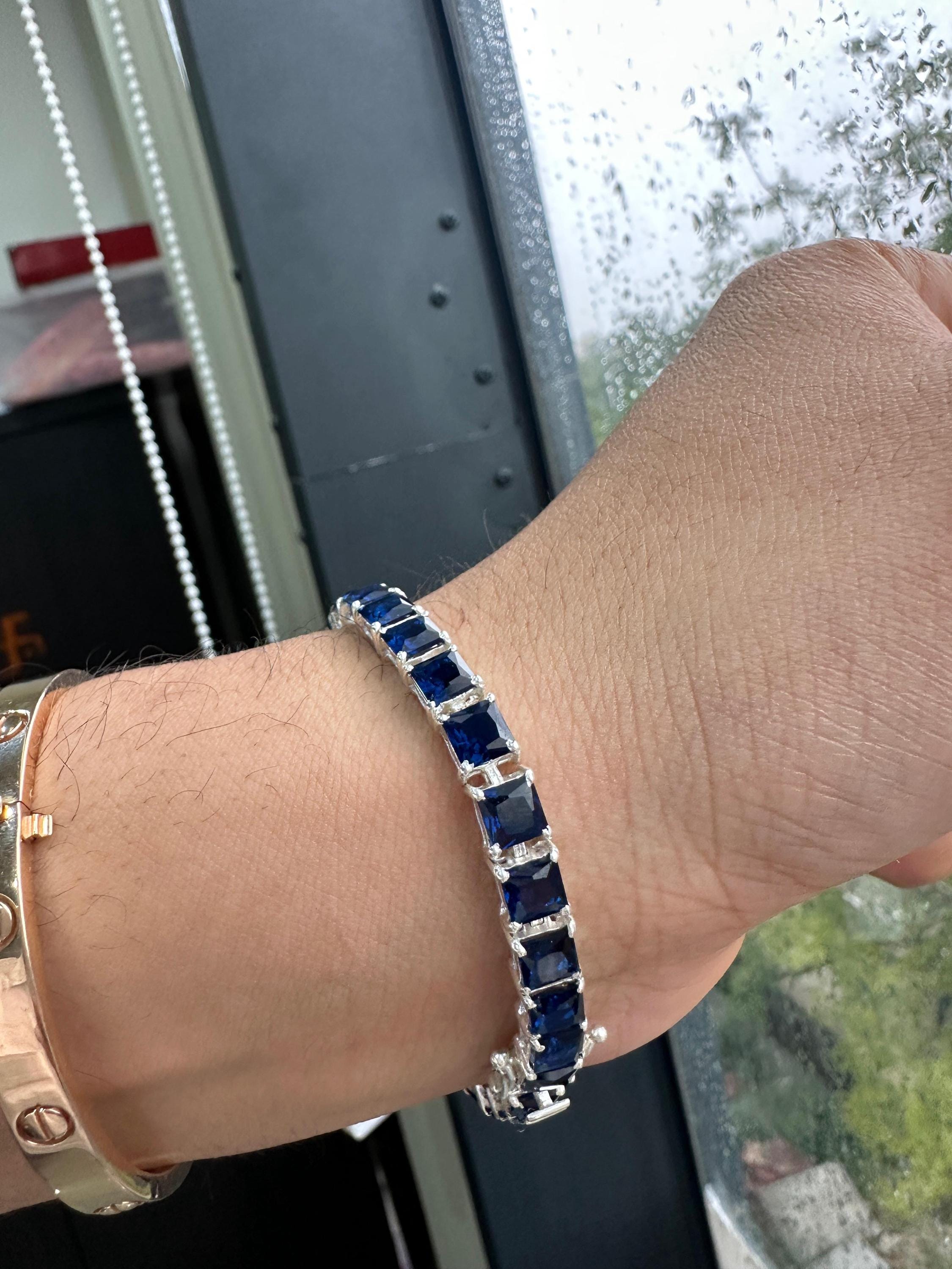 Blue Sapphire Tennis Bracelet | Men's Sterling Silver Bracelet, Luxury gift for him