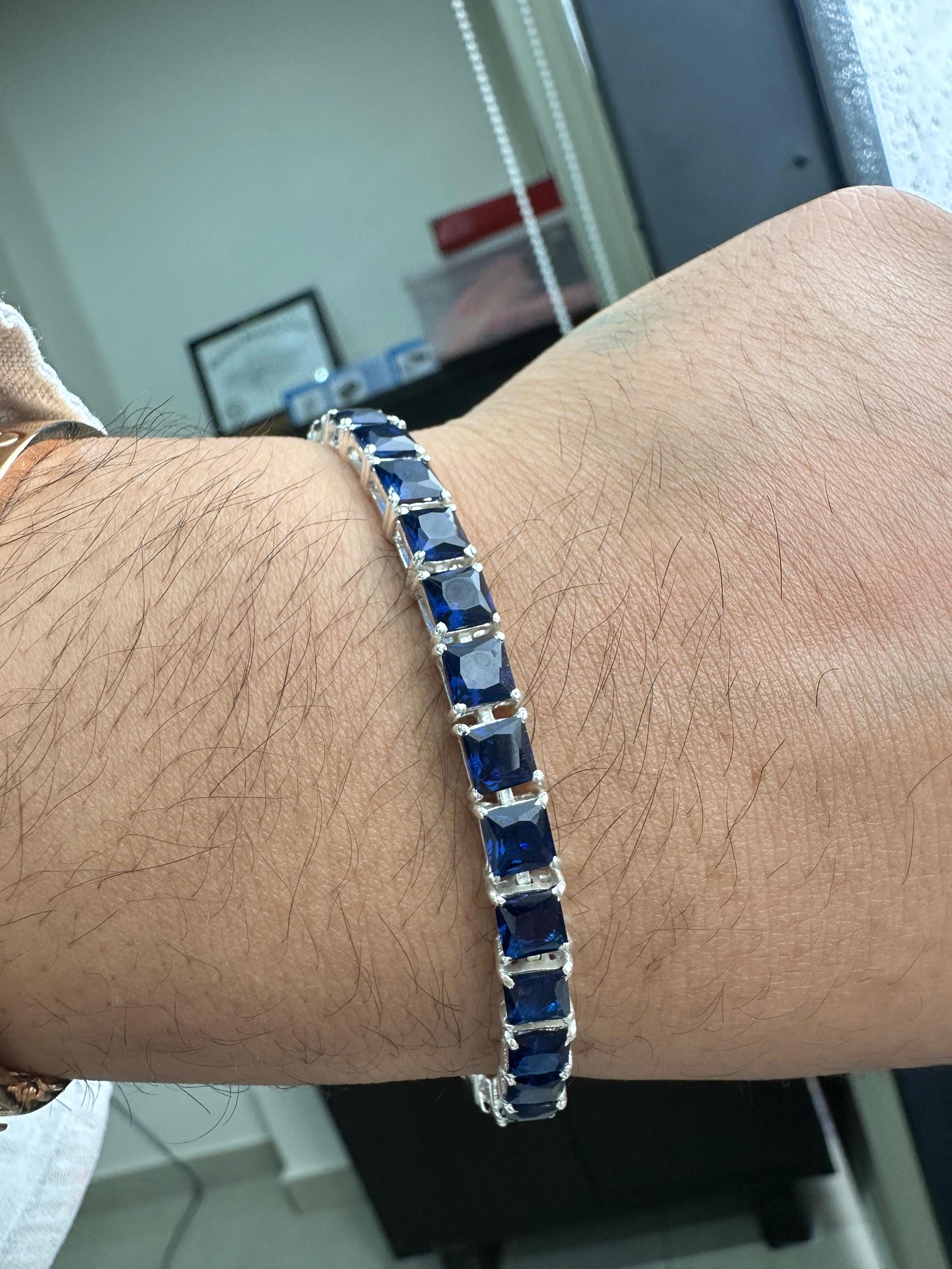 Blue Sapphire Tennis Bracelet | Men's Sterling Silver Bracelet, Luxury gift for him
