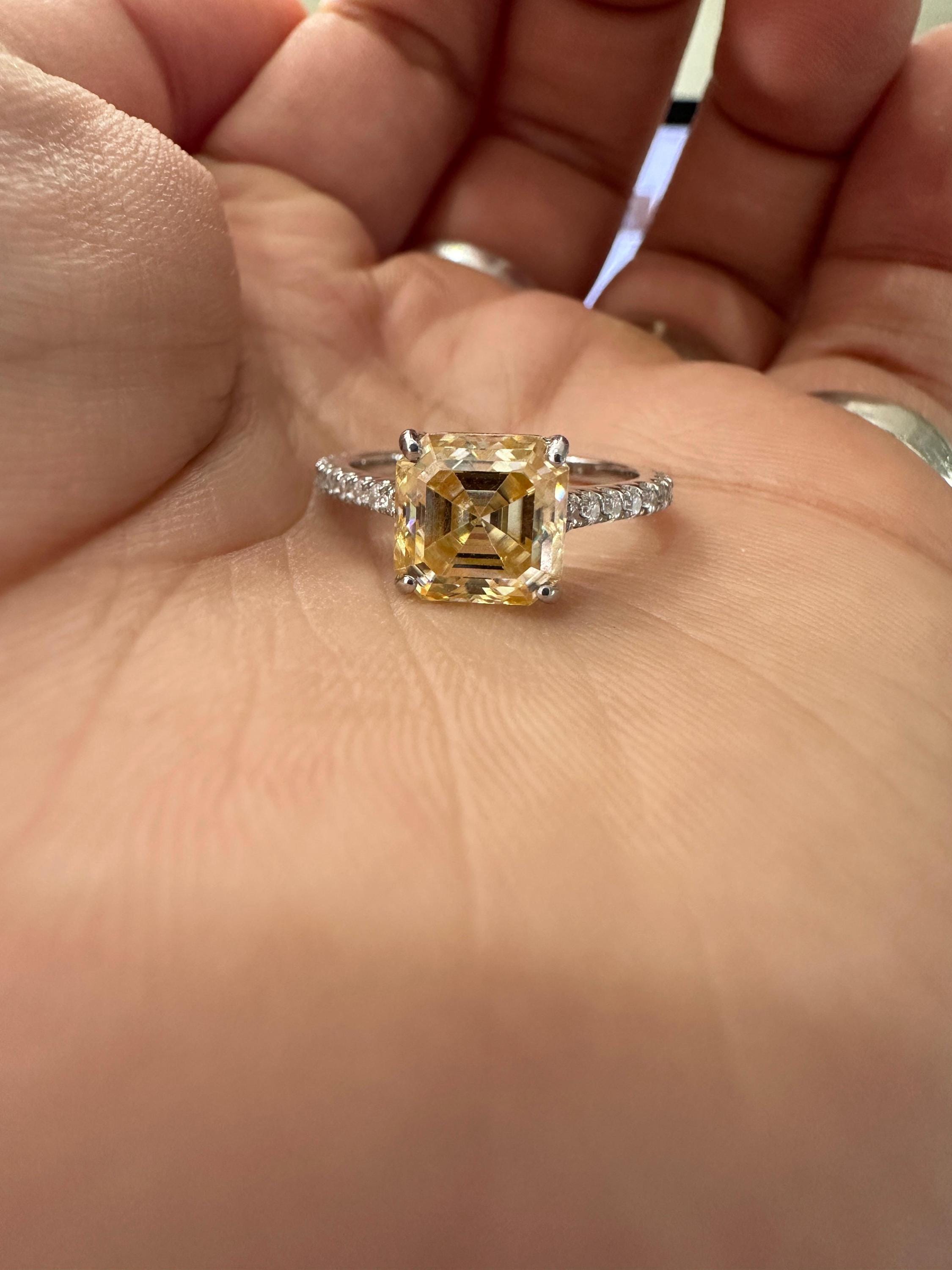 3 Carat Yellow Moissanite Asscher Cut Engagement Ring | 14K White Gold, Art Deco Style