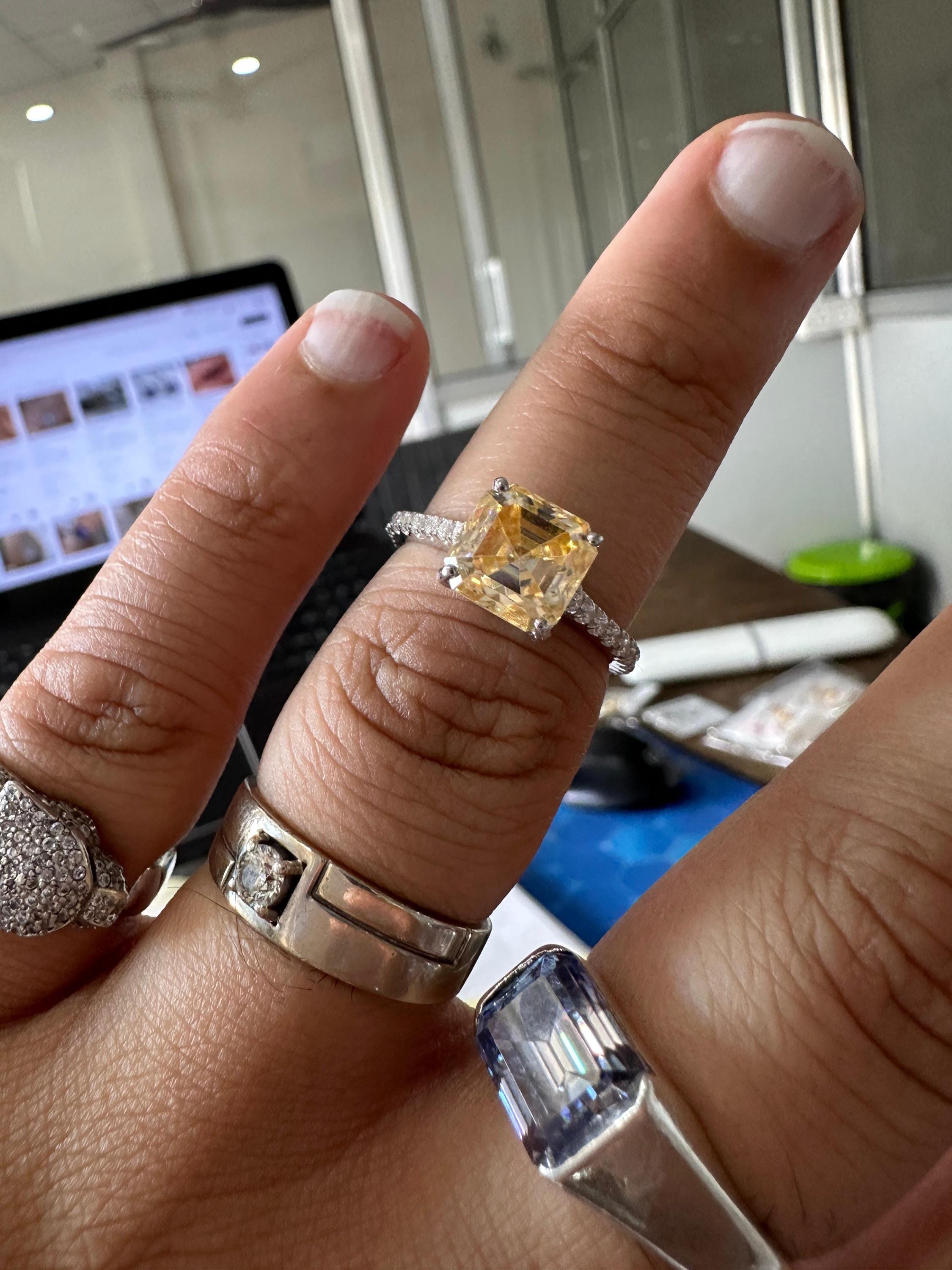 3 CT Asscher Cut Yellow Diamond Engagement Ring | 14k White Gold Vintage Ring