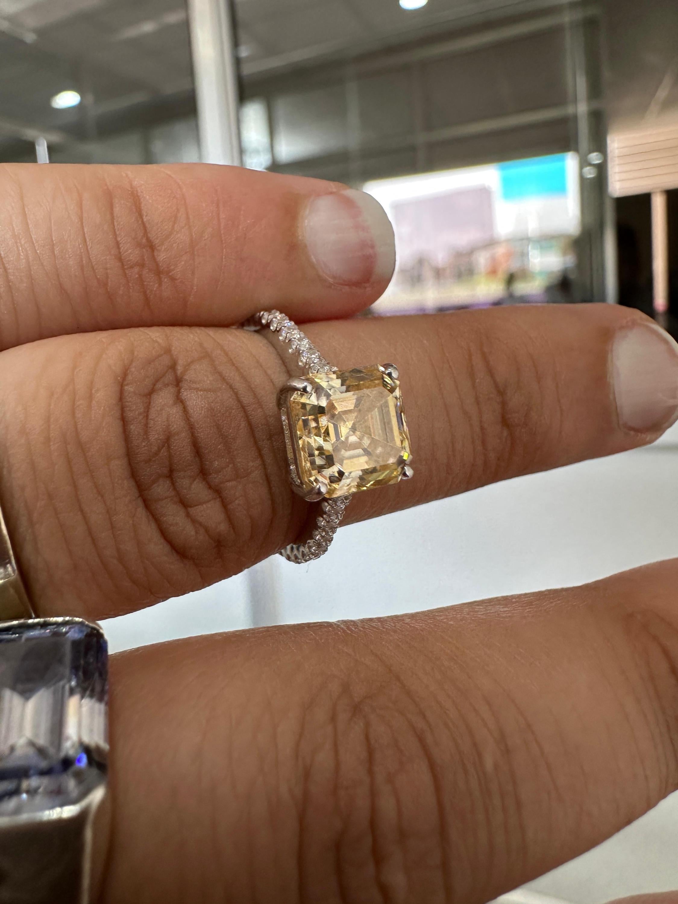 3 CT Asscher Cut Yellow Diamond Engagement Ring | 14k White Gold Vintage Ring