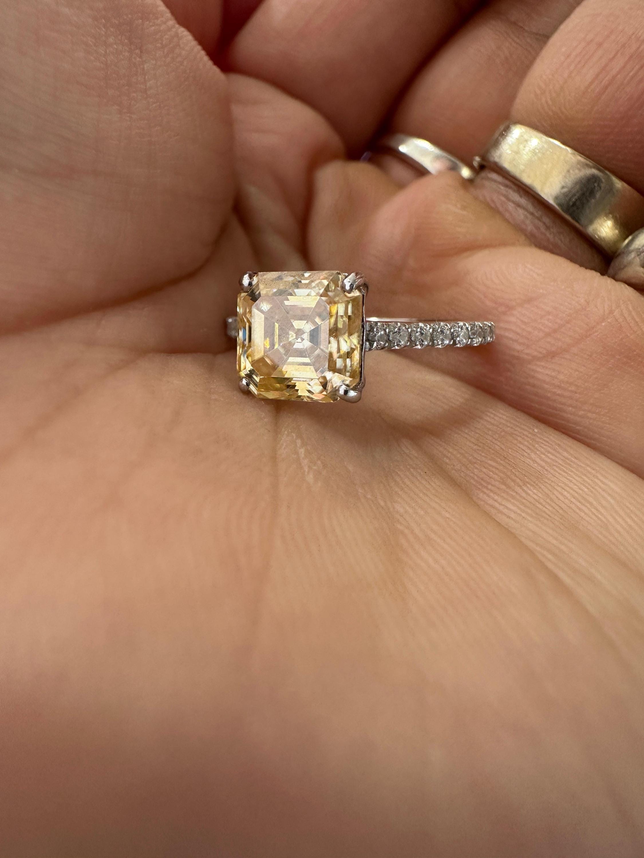 3 CT Asscher Cut Yellow Diamond Engagement Ring | 14k White Gold Vintage Ring