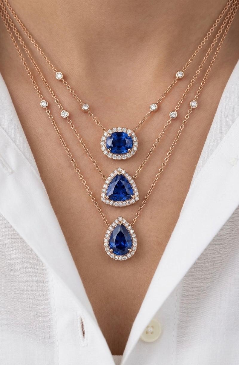 Blue Sapphire Trinity Necklace | 14K Gold Layered Moissanite Halo Pendant
