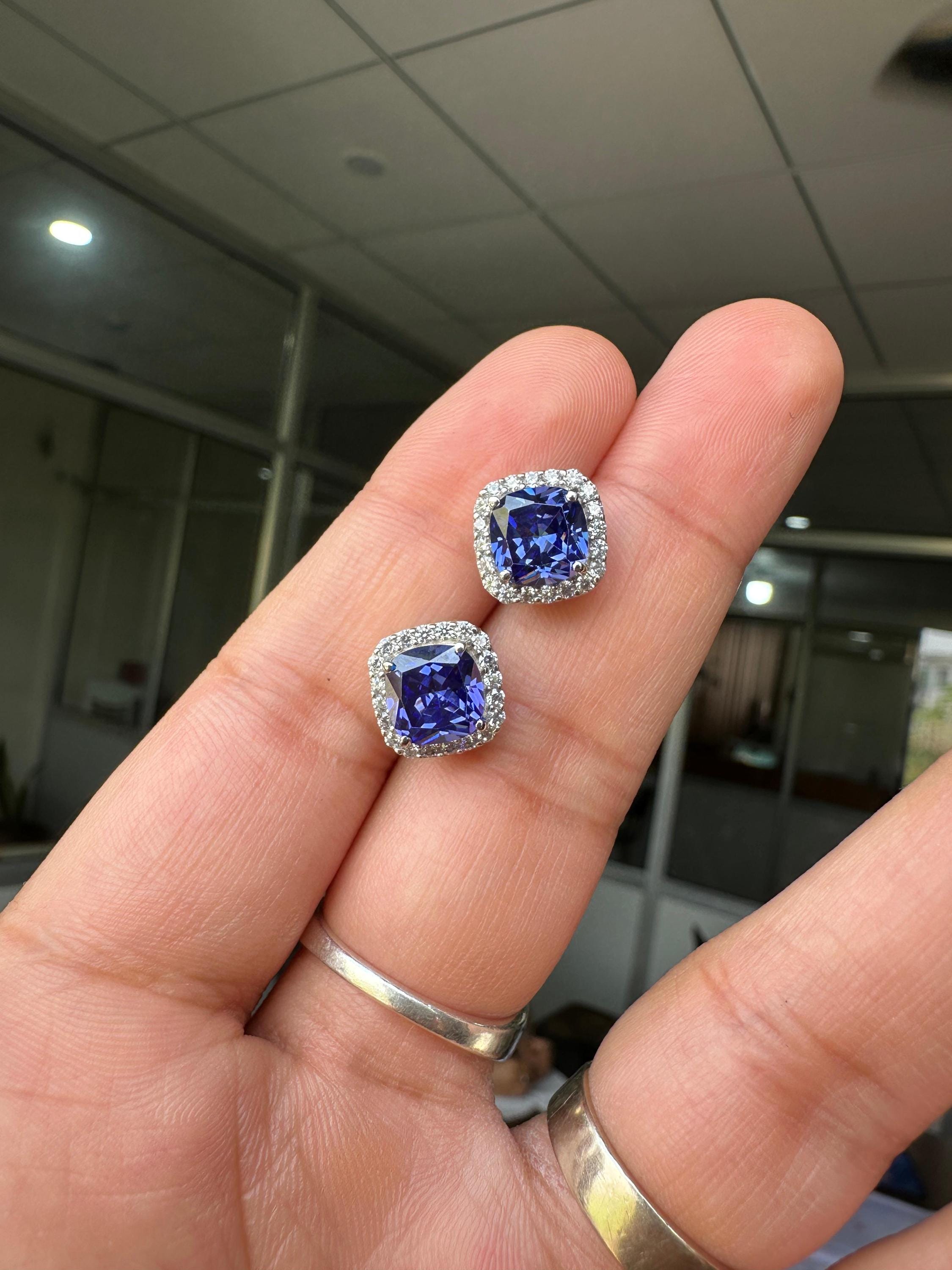 Cushion Cut Tanzanite Halo Stud Earrings | 14K White Gold Lab Diamond Accents