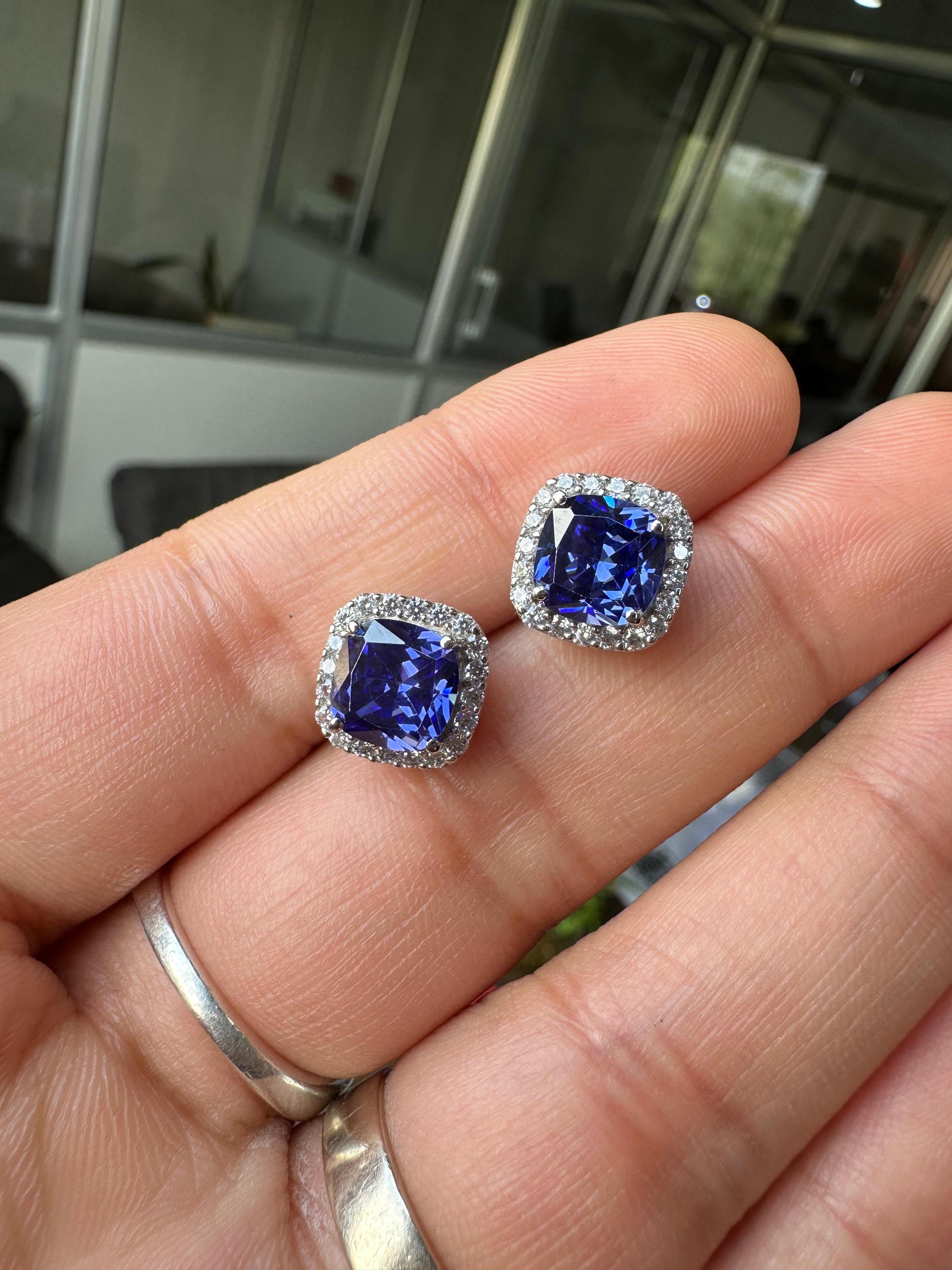 Cushion Cut Tanzanite Halo Stud Earrings | 14K White Gold Lab Diamond Accents