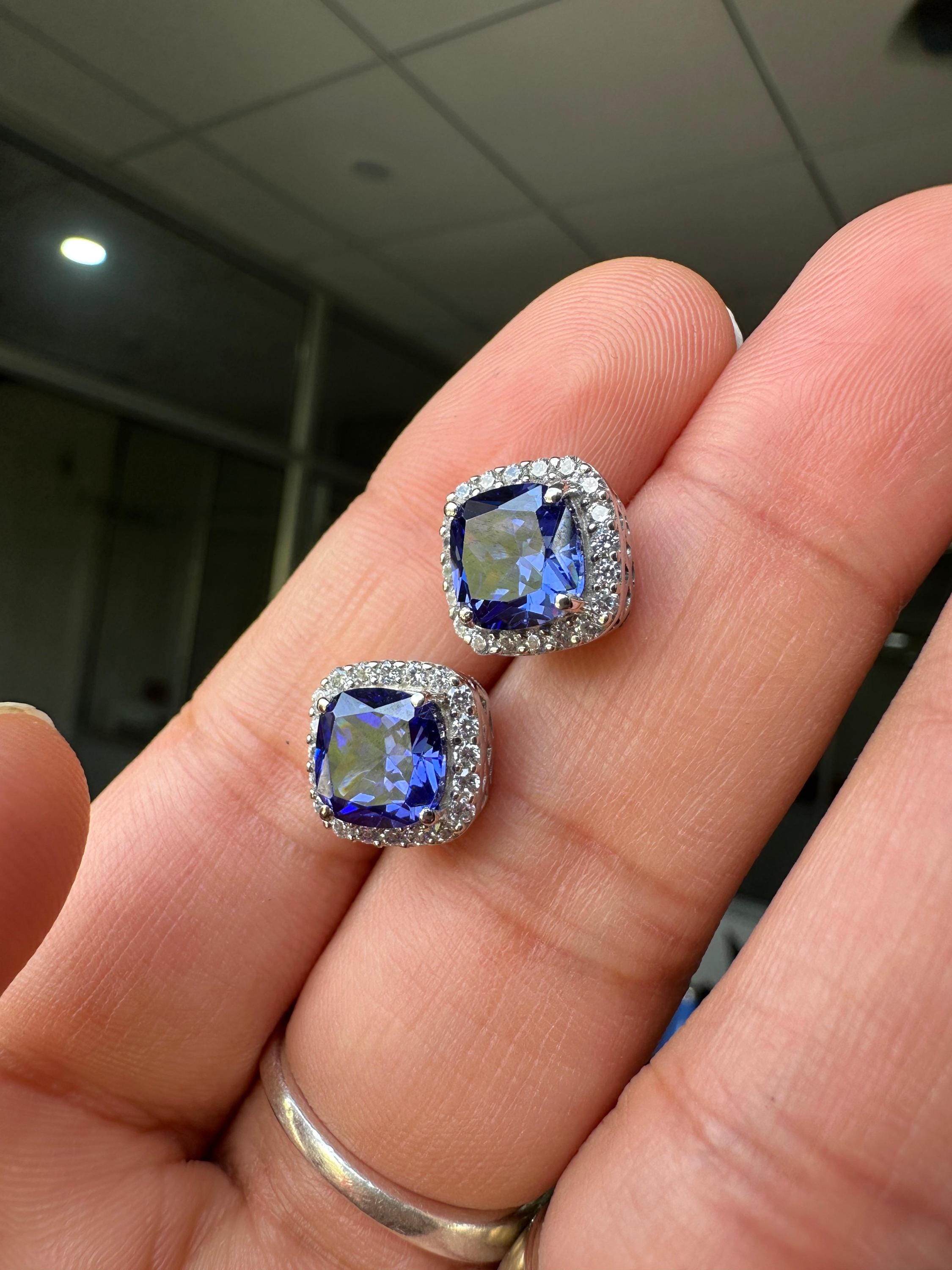 Cushion Cut Tanzanite Halo Stud Earrings | 14K White Gold Lab Diamond Accents