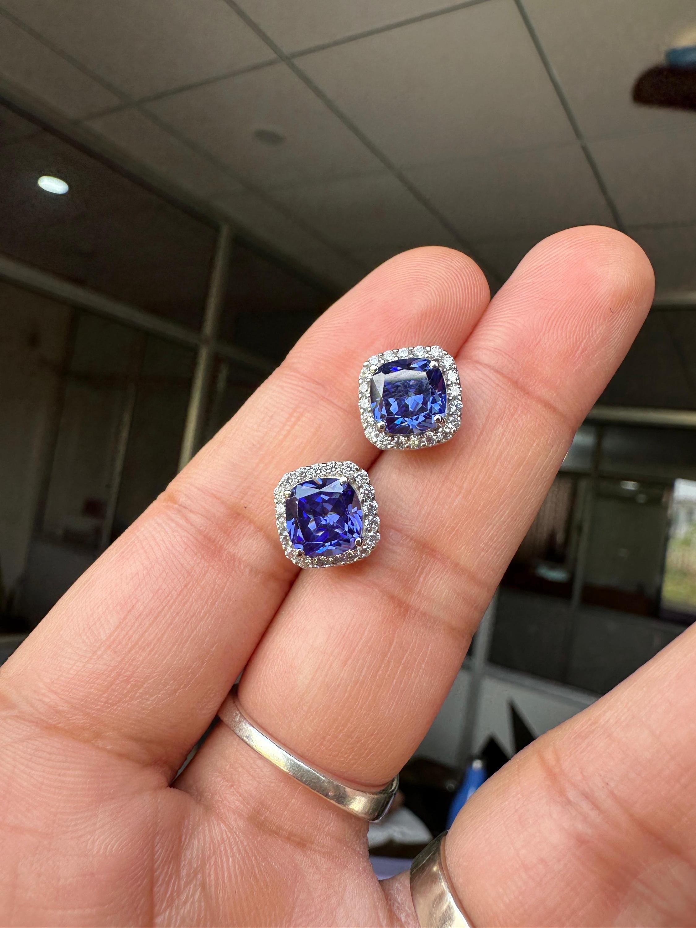 Cushion Cut Tanzanite Halo Stud Earrings | 14K White Gold Lab Diamond Accents