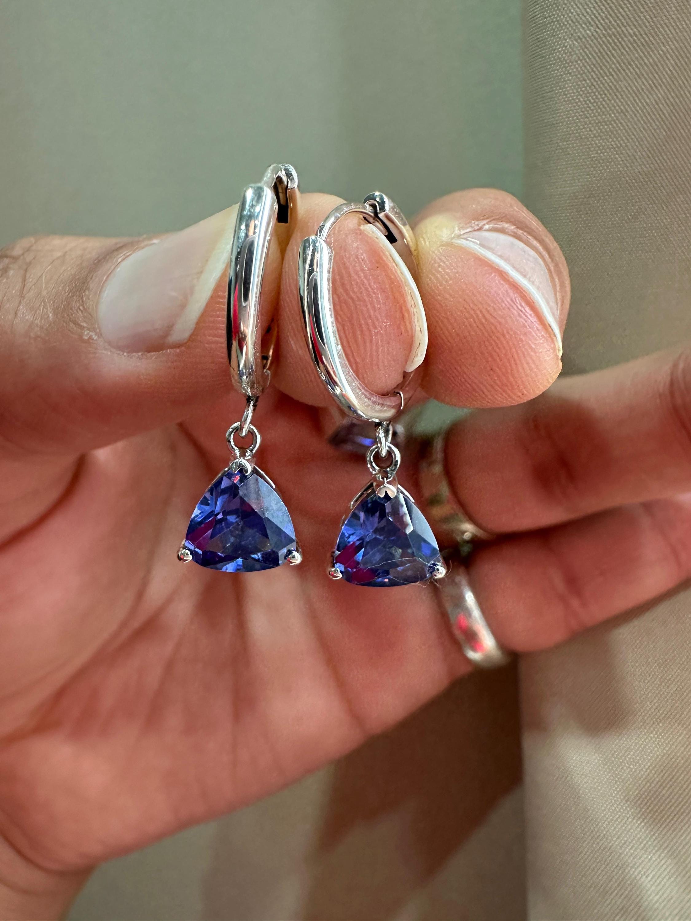 14K White Gold Trillion Tanzanite Hoop Drop Earrings, 2 CT Blue Gemstone Dangle Jewelry