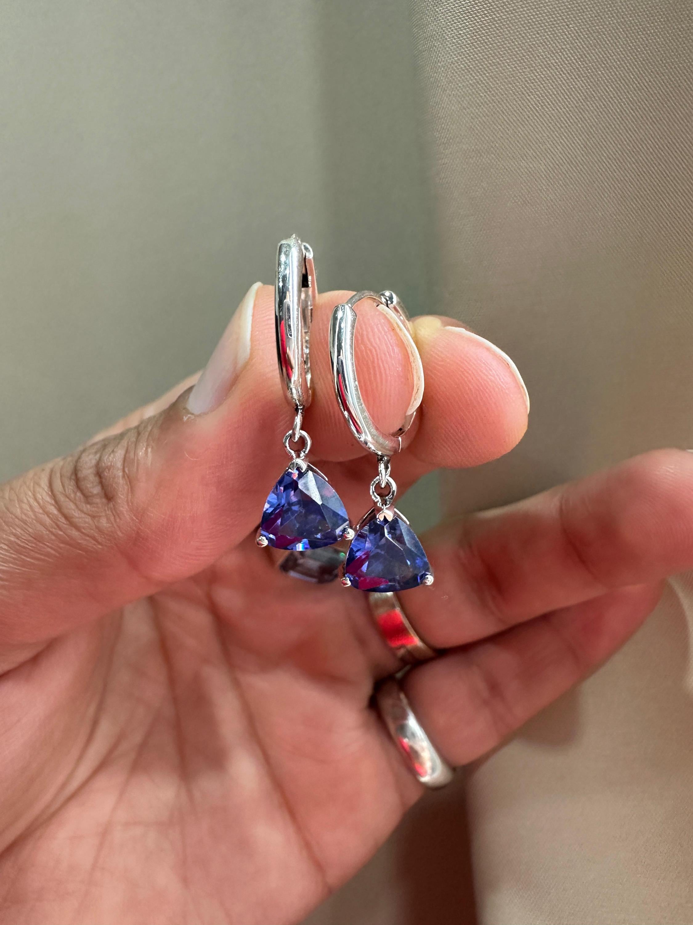 14K White Gold Trillion Tanzanite Hoop Drop Earrings, 2 CT Blue Gemstone Dangle Jewelry