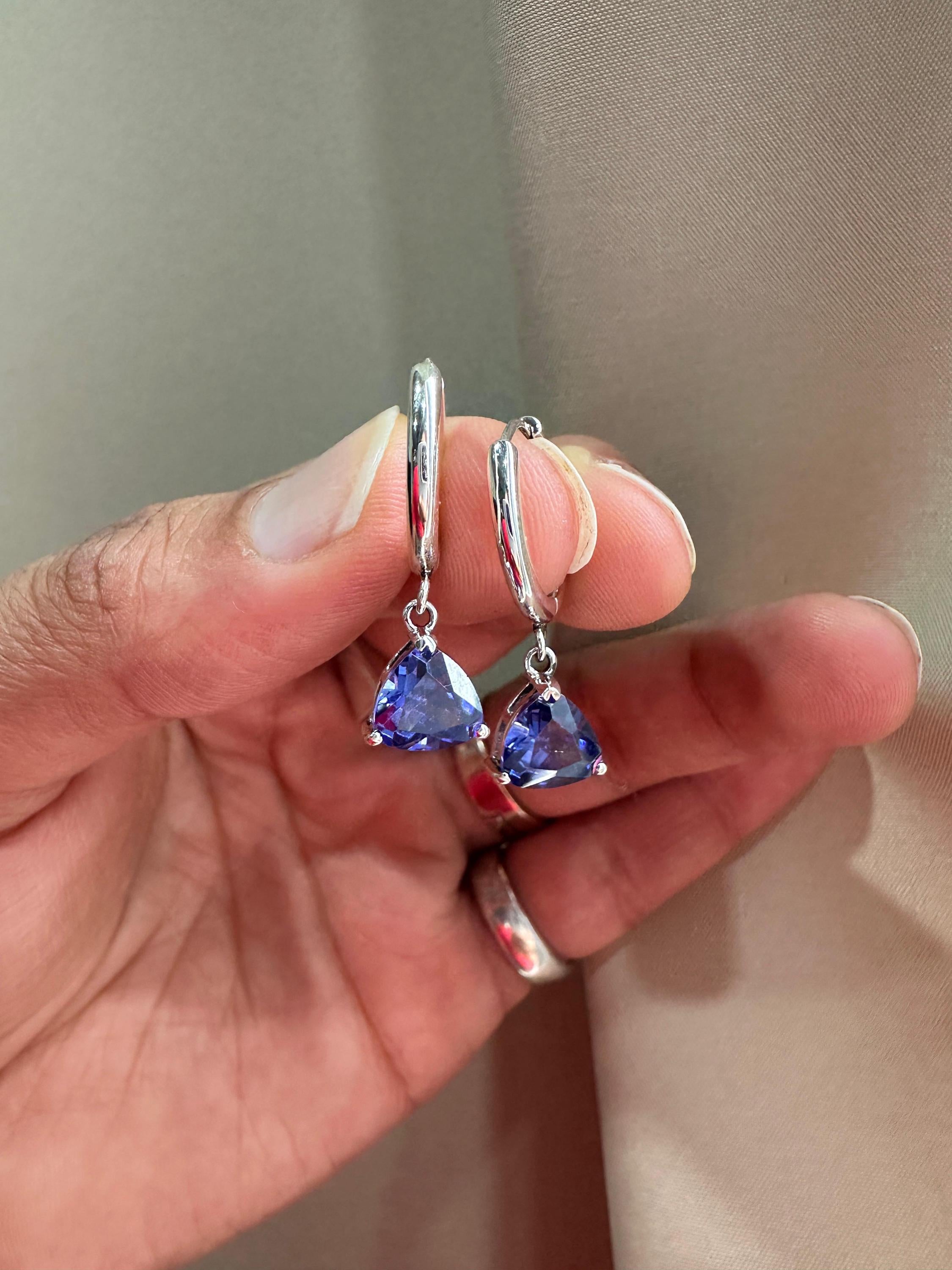 14K Gold Tanzanite Hoop Earrings, Trillion Cut Blue Gemstone, Luxury Drop Jewelry