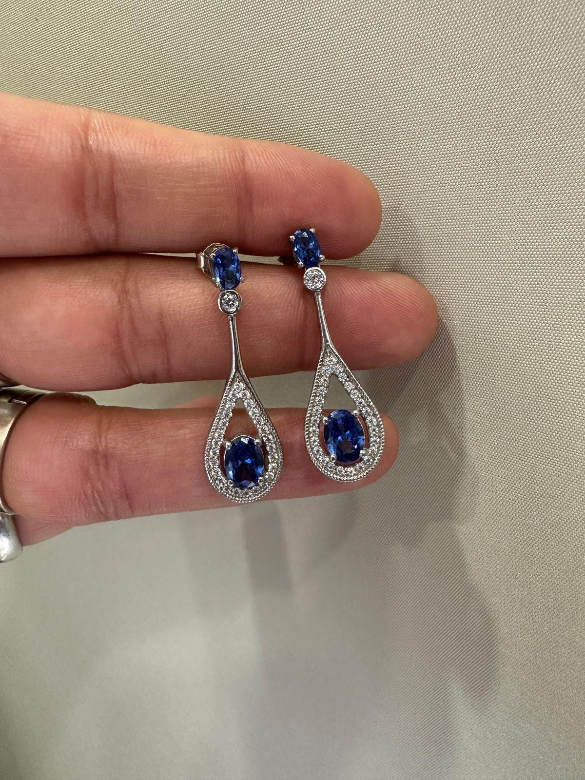 Blue Sapphire Drop Earrings | 14K White Gold Halo Dangle Drop Bridal Jewelry