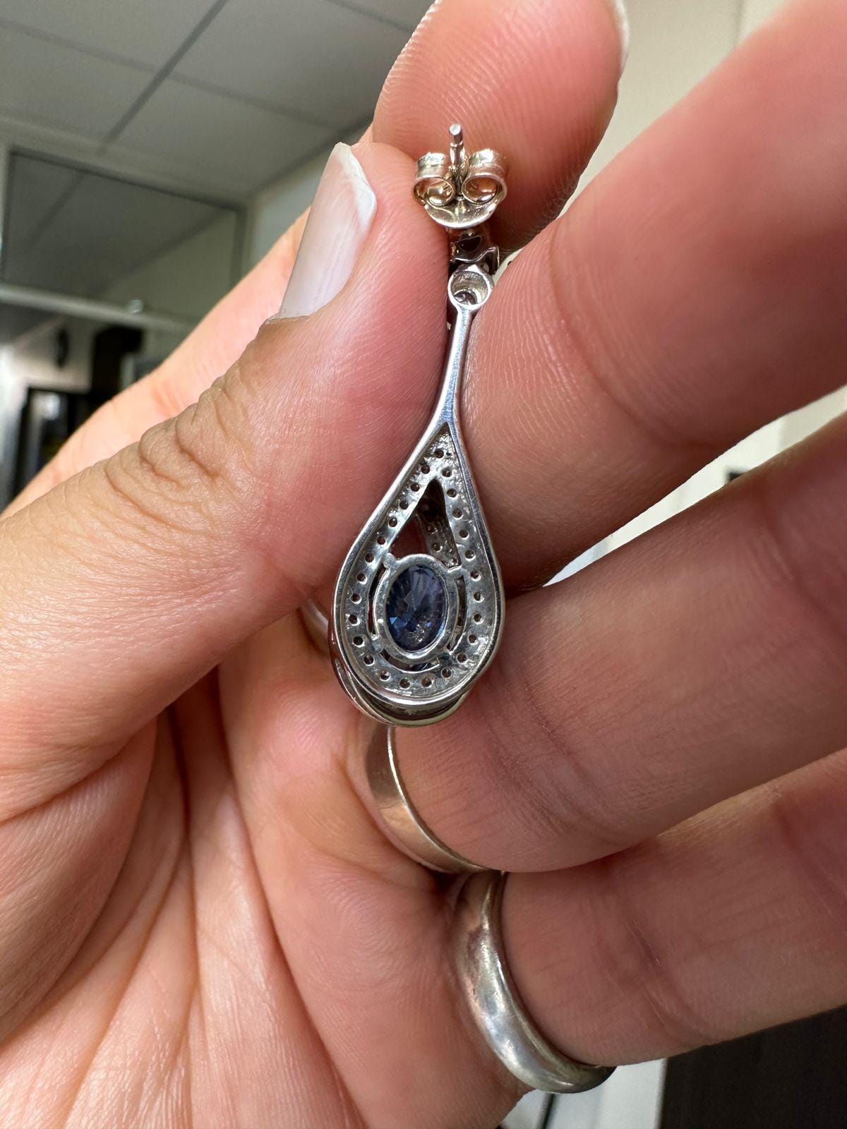 Blue Sapphire Drop Earrings | 14K White Gold Halo Dangle Drop Bridal Jewelry