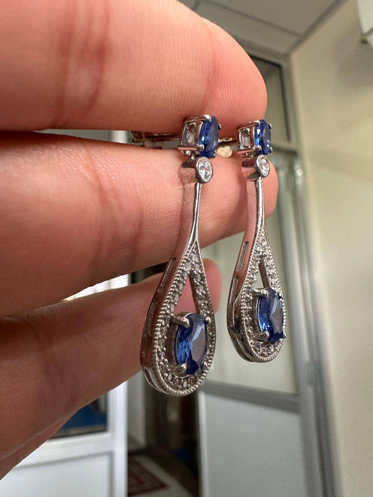 Blue Sapphire Drop Earrings | 14K White Gold Halo Dangle Drop Bridal Jewelry
