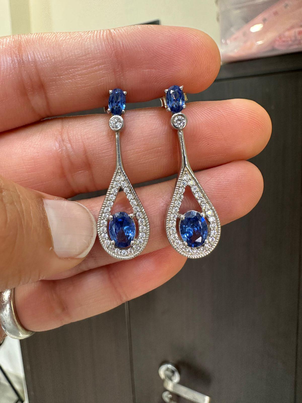 Blue Sapphire Drop Earrings | 14K White Gold Halo Dangle Drop Bridal Jewelry