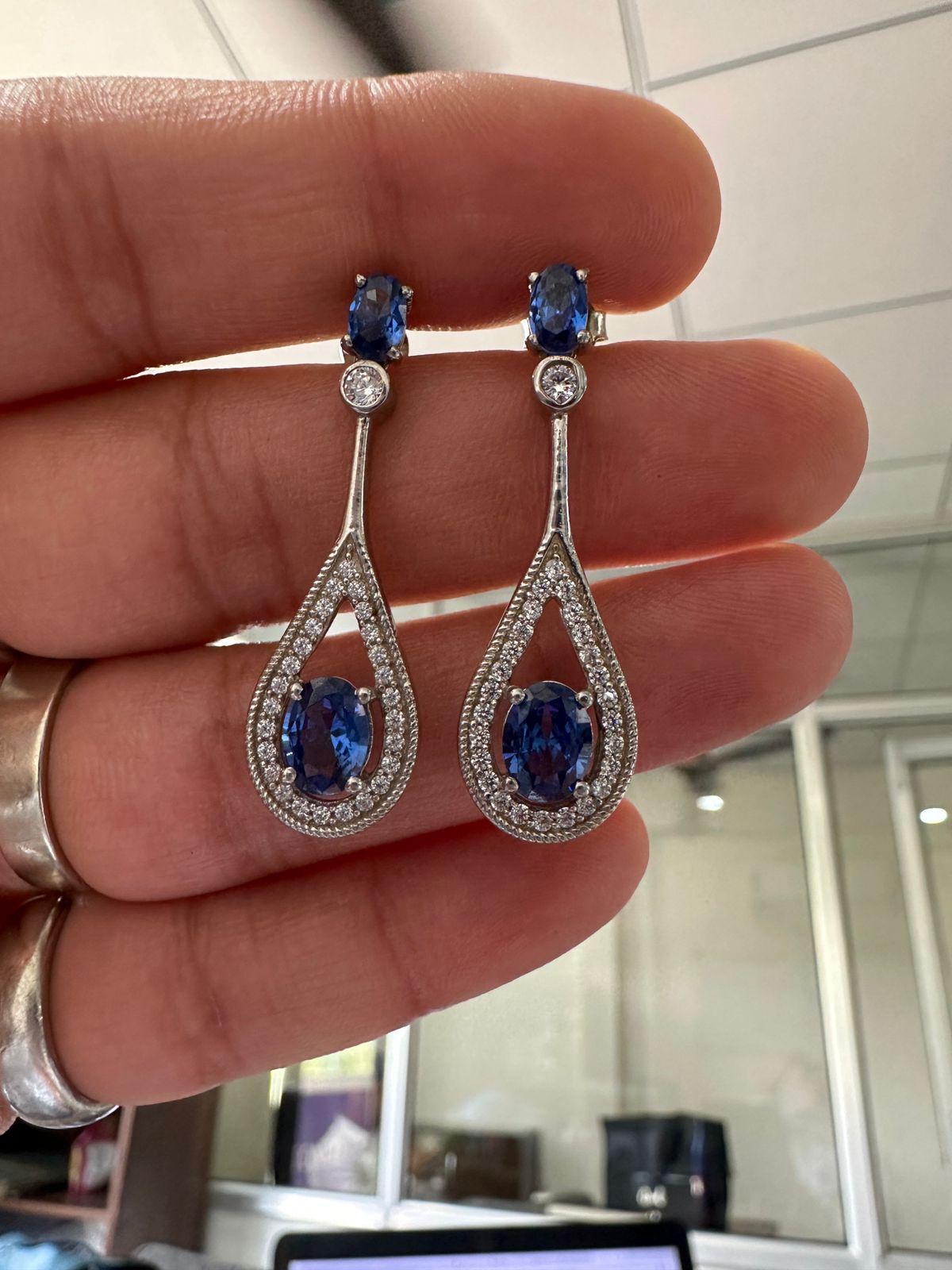 Blue Sapphire Drop Earrings | 14K White Gold Halo Dangle Drop Bridal Jewelry