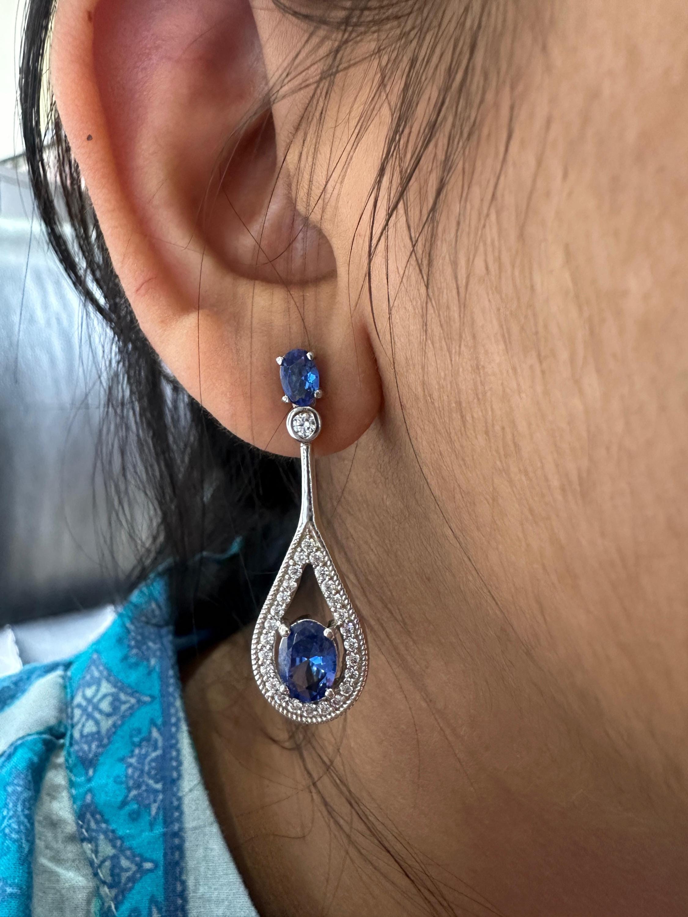 Blue Sapphire Drop Earrings | 14K White Gold Halo Dangle Drop Bridal Jewelry