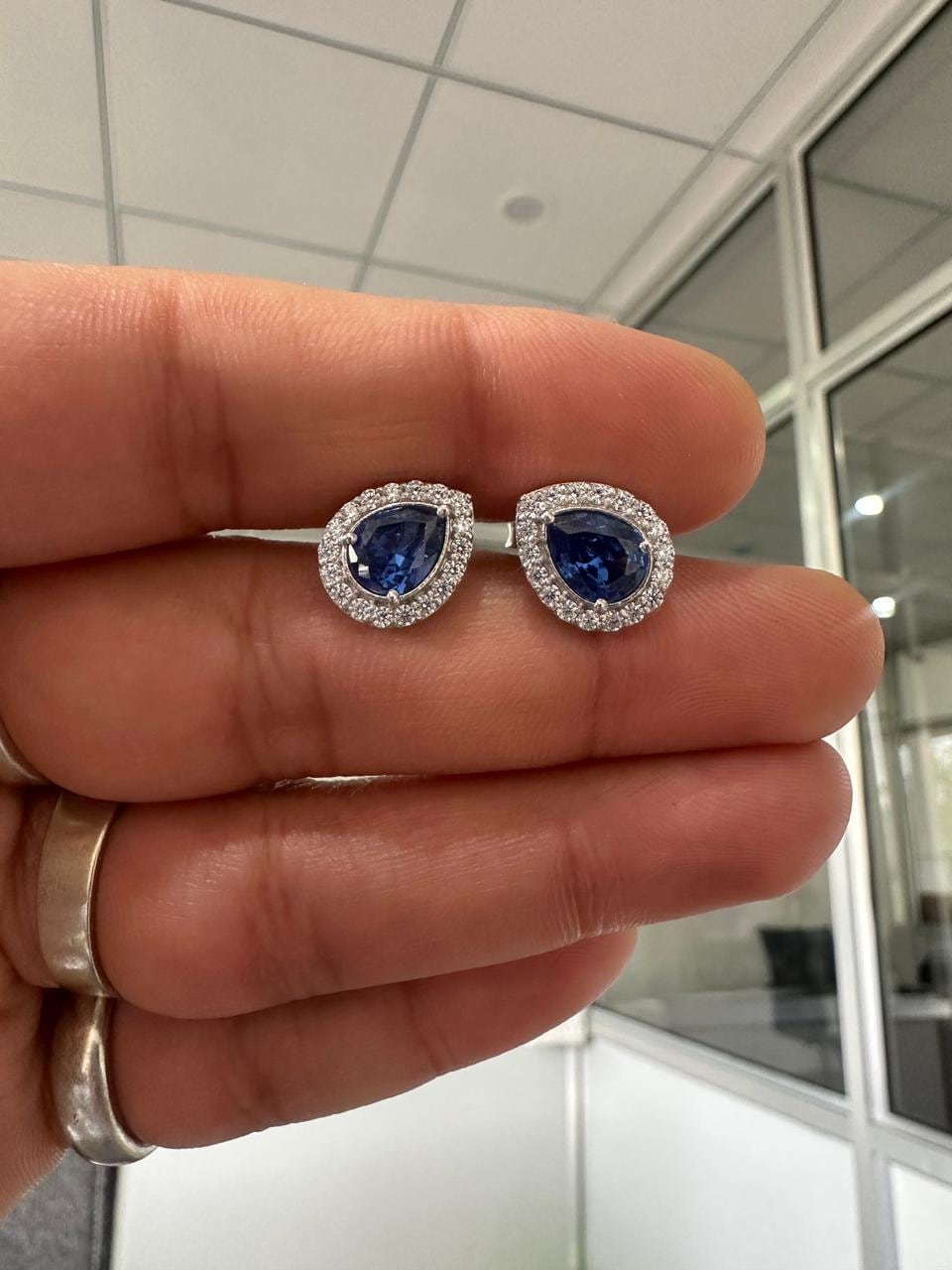 Pear Cut Blue Sapphire Halo Stud Earrings | 925 Sterling Silver Bridal Jewelry