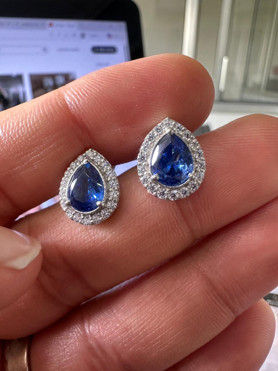 Pear Cut Blue Sapphire Halo Stud Earrings | 925 Sterling Silver Bridal Jewelry