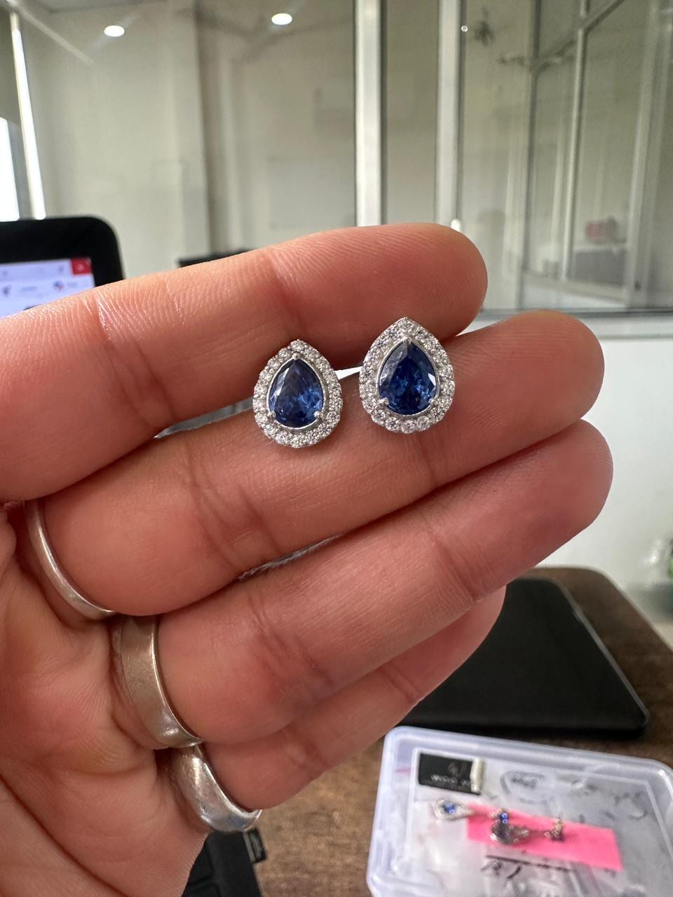 Pear Cut Blue Sapphire Halo Stud Earrings | 925 Sterling Silver Bridal Jewelry