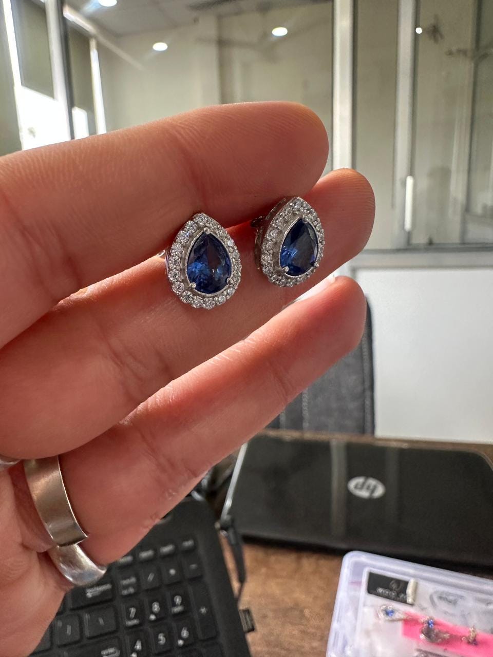 Pear Cut Blue Sapphire Halo Stud Earrings | 925 Sterling Silver Bridal Jewelry