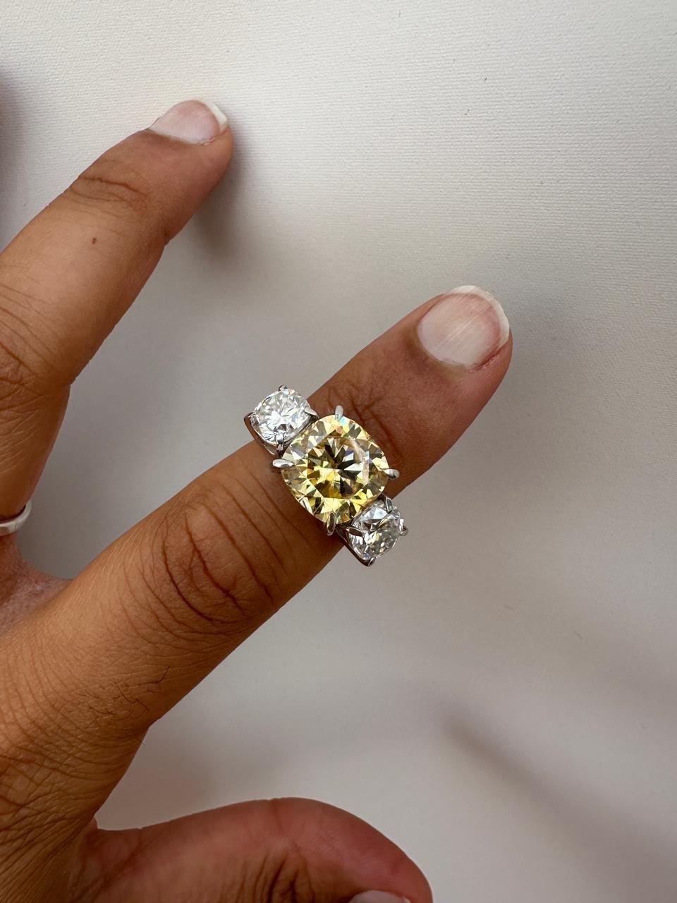 Canary Yellow Cushion Cut Moissanite Sterling Silver Ring | Three Stone Engagement Band