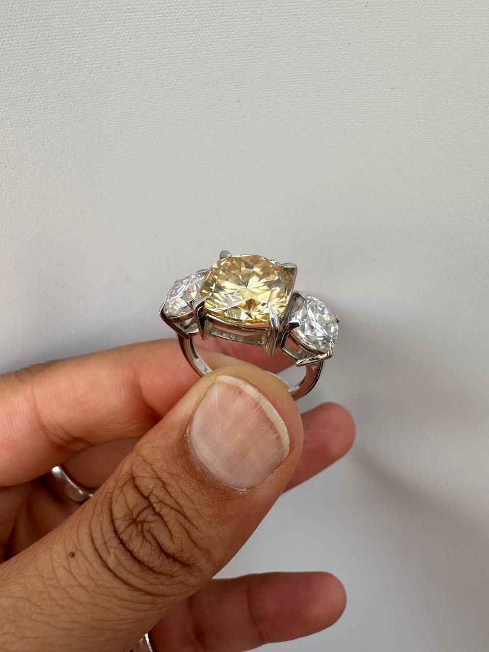Canary Yellow Cushion Cut Moissanite Sterling Silver Ring | Three Stone Engagement Band