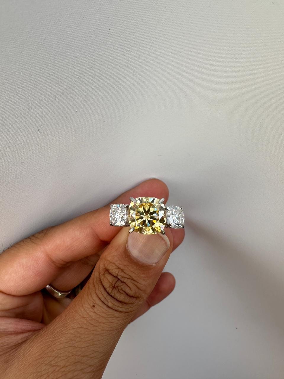 Canary Yellow Cushion Cut Moissanite Sterling Silver Ring | Three Stone Engagement Band