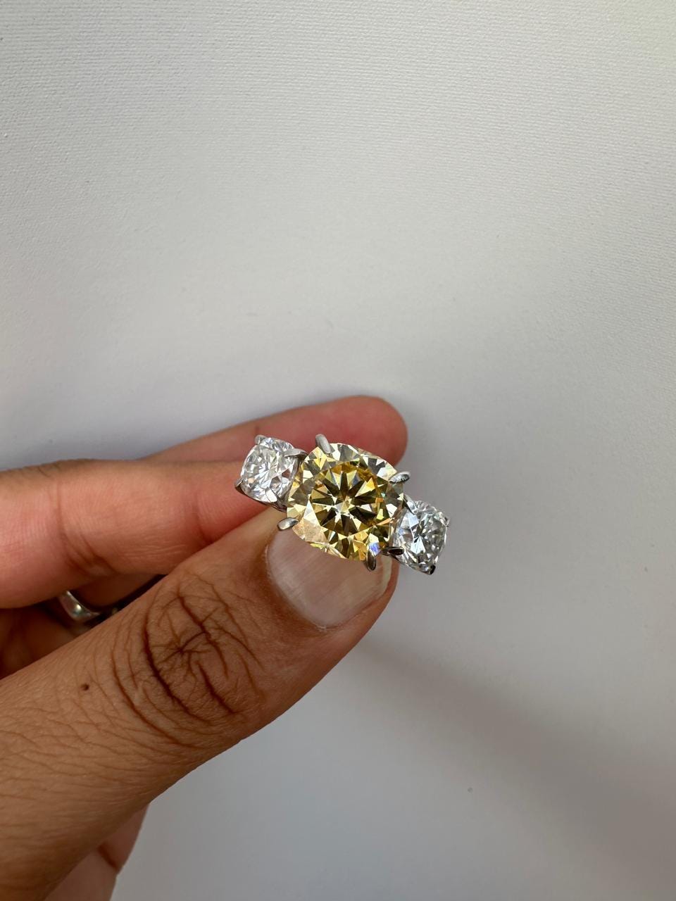 Canary Yellow Cushion Cut Moissanite Sterling Silver Ring | Three Stone Engagement Band