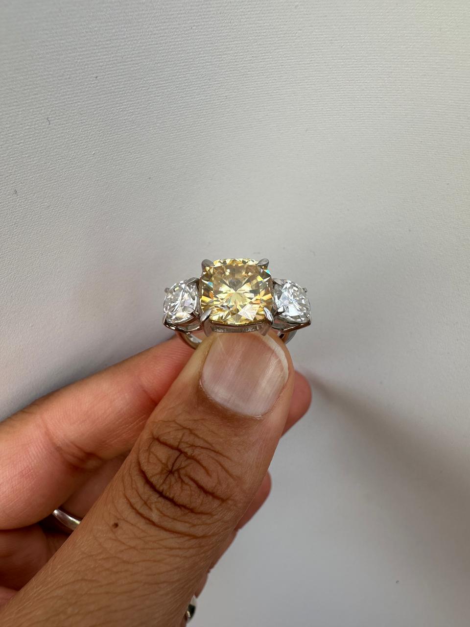 Canary Yellow Cushion Cut Moissanite Sterling Silver Ring | Three Stone Engagement Band