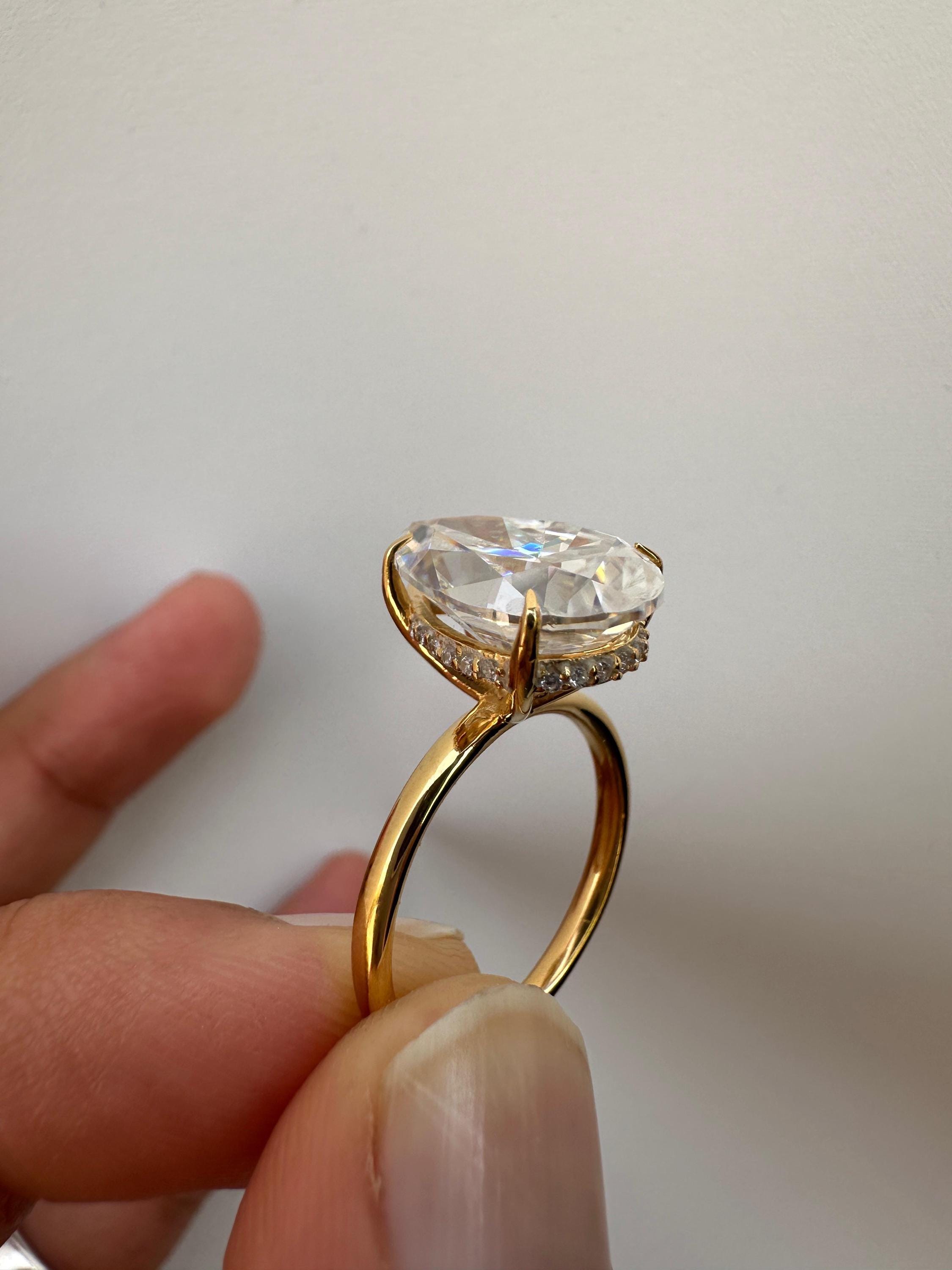 6 Carat Pear Moissanite Engagement Ring | 14K Yellow Gold Solitaire with Hidden Halo