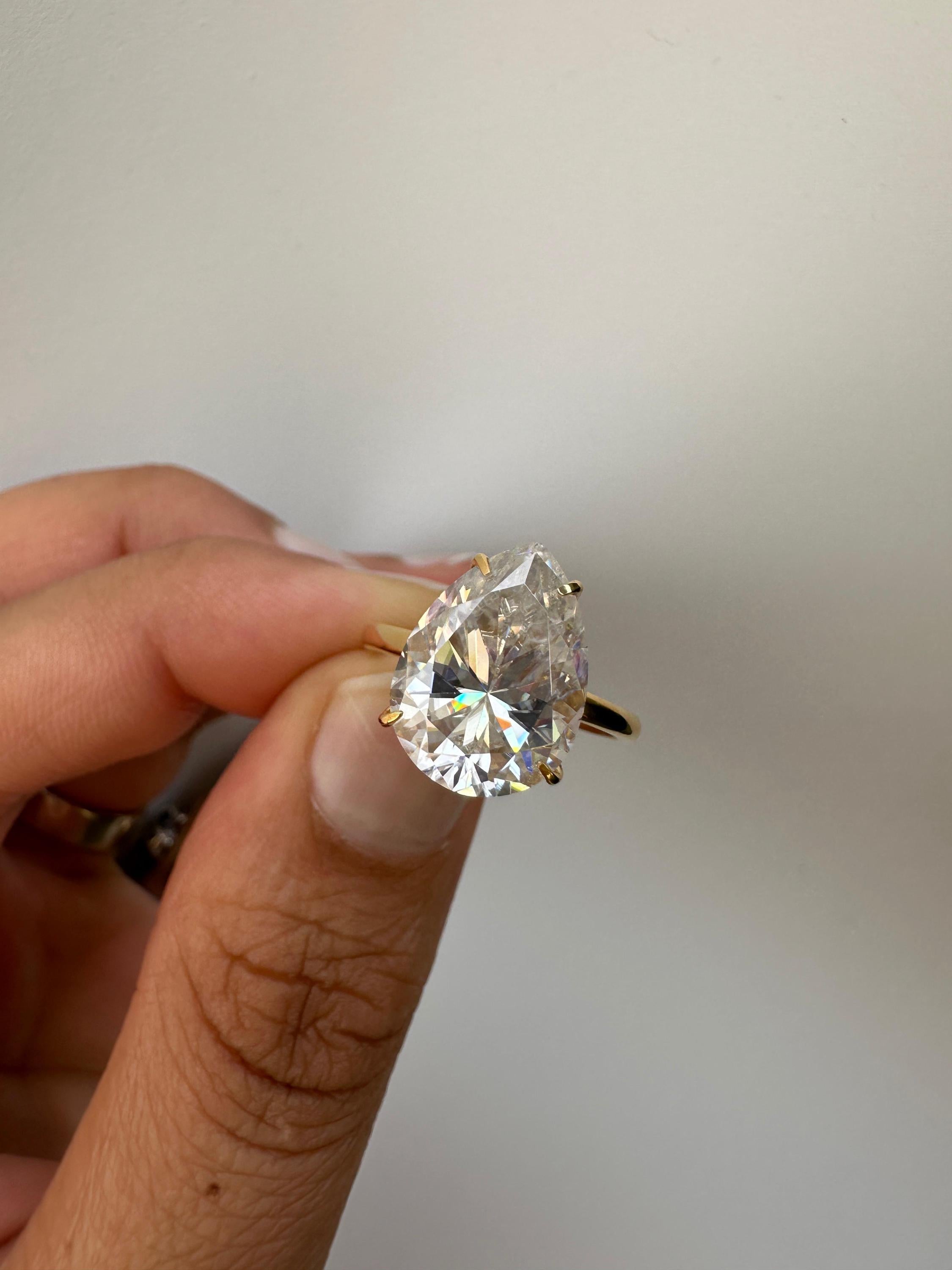 6 Carat Pear Moissanite Engagement Ring | 14K Yellow Gold Solitaire with Hidden Halo