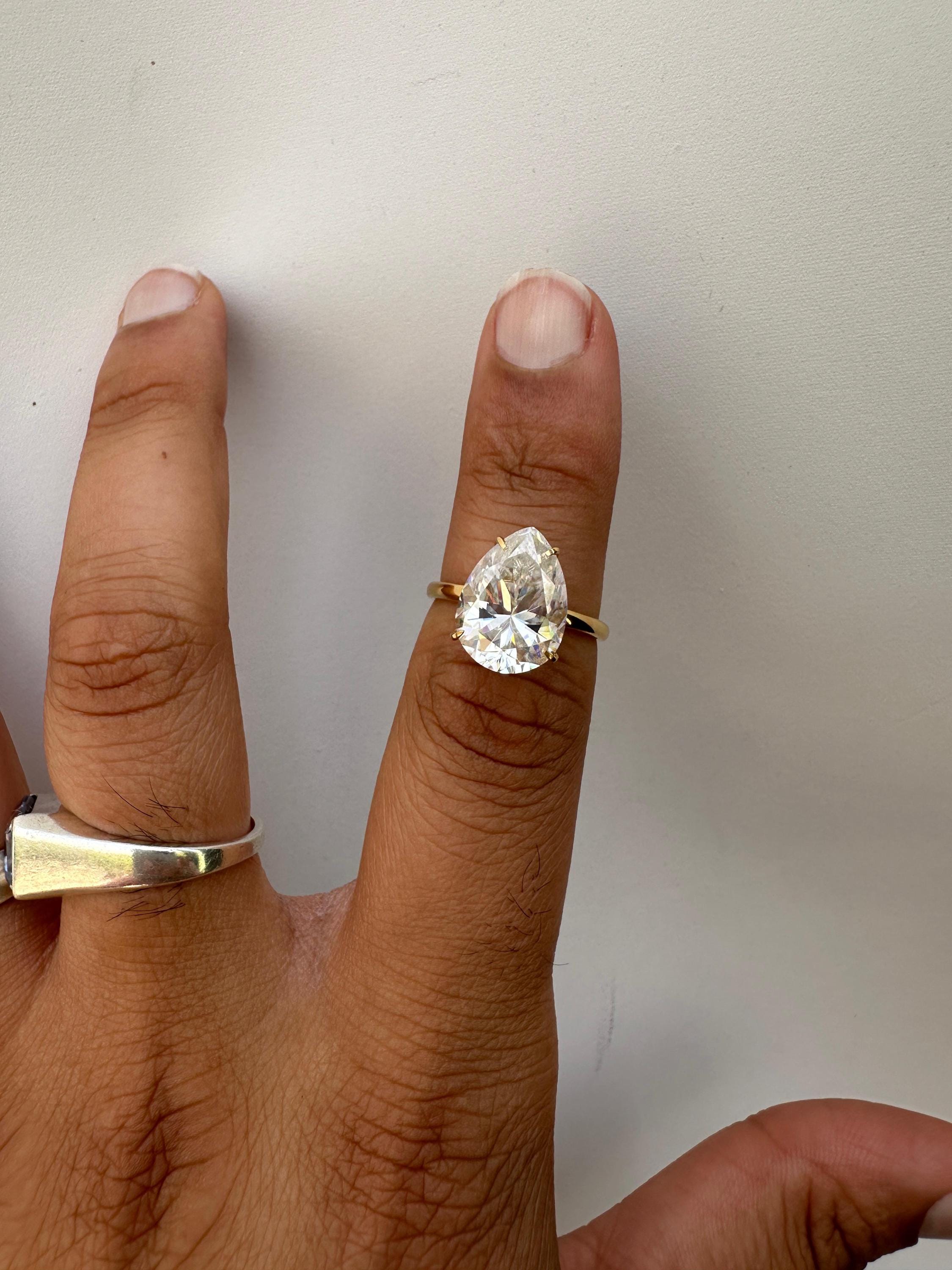 6 Carat Pear Moissanite Engagement Ring | 14K Yellow Gold Solitaire with Hidden Halo