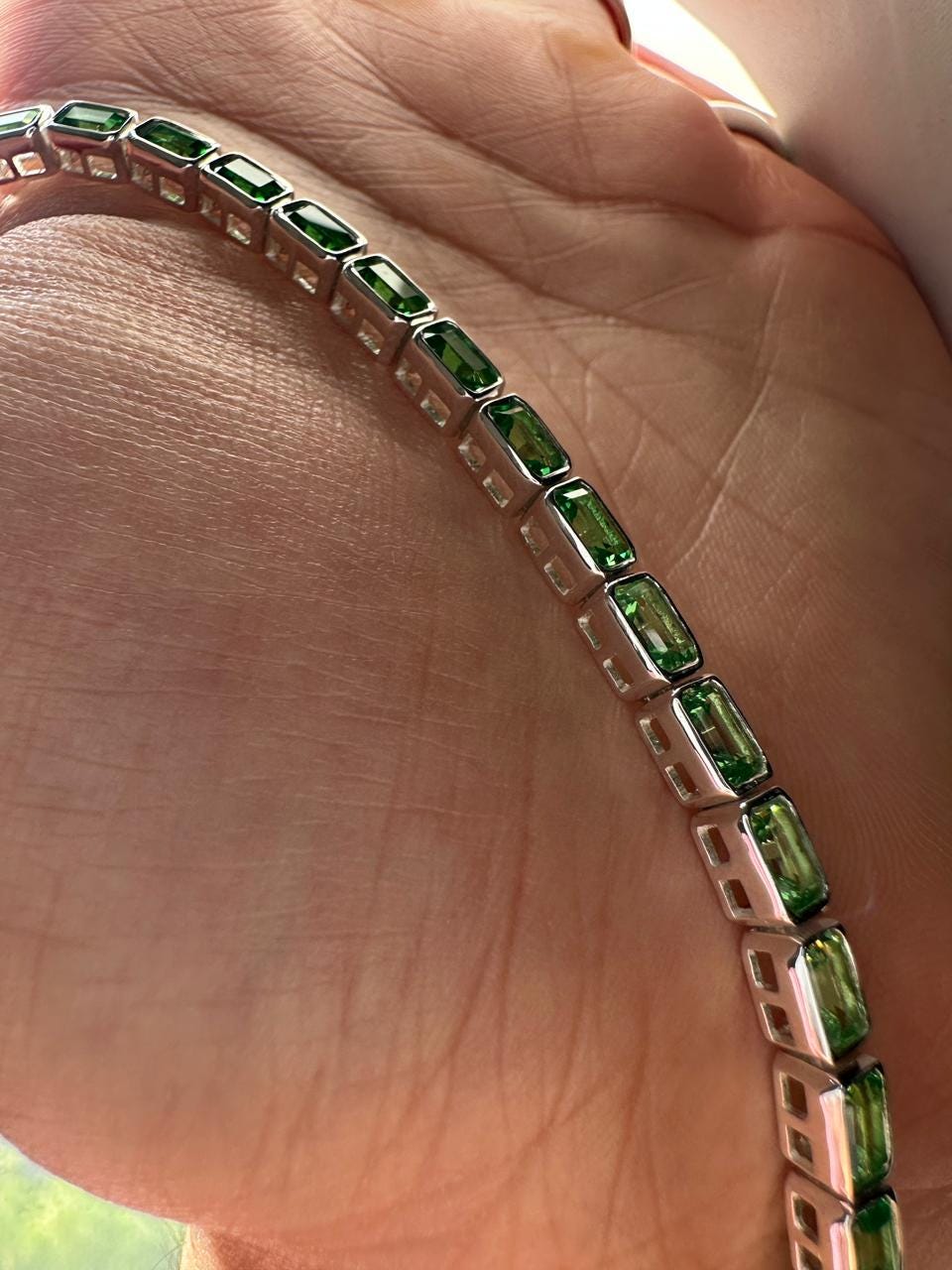 Men's Emerald Cut Tennis Bracelet, 925 Sterling Silver, Bezel Set, 12 CT Lab Emerald