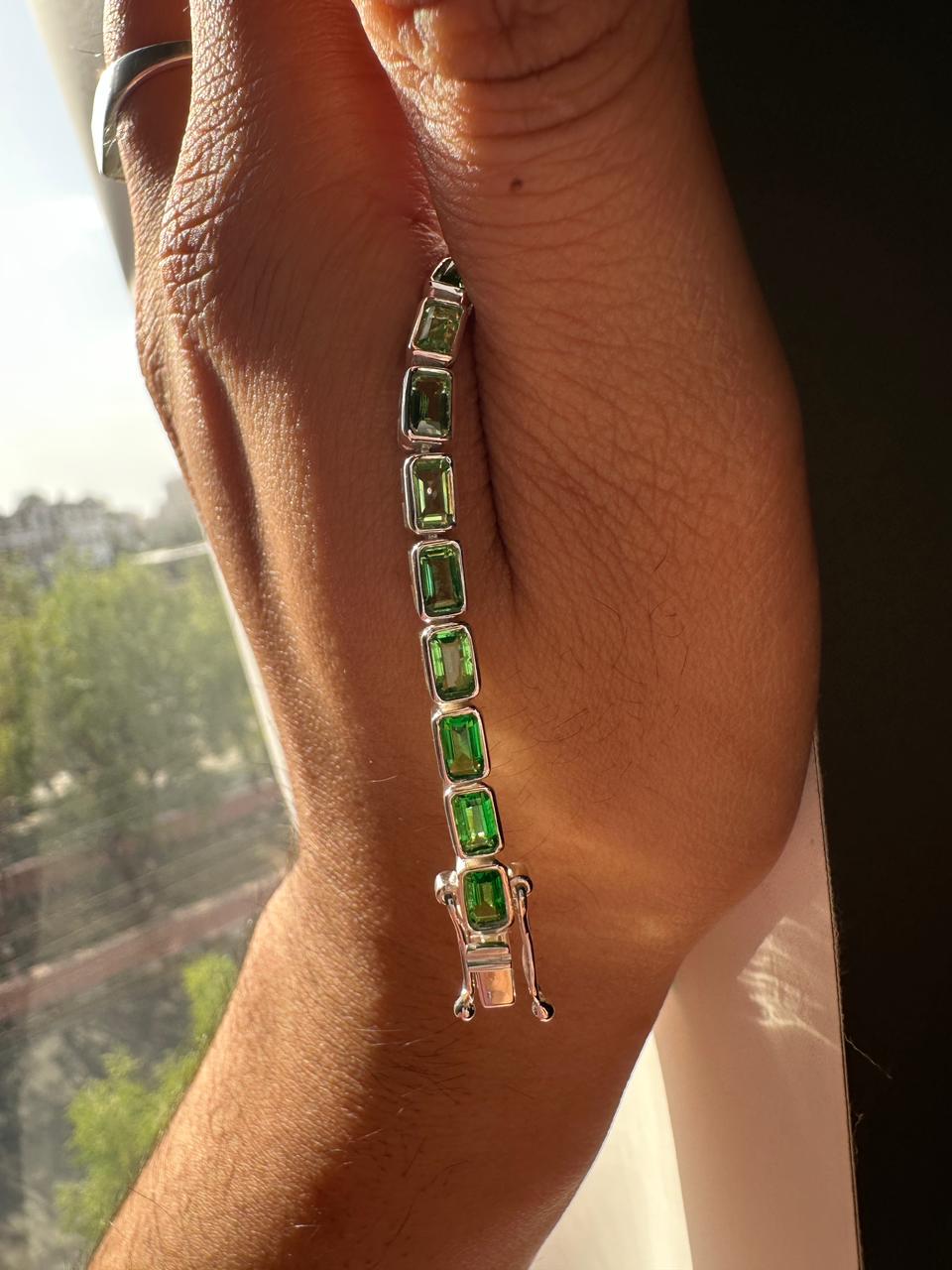Men's Emerald Cut Tennis Bracelet, 925 Sterling Silver, Bezel Set, 12 CT Lab Emerald