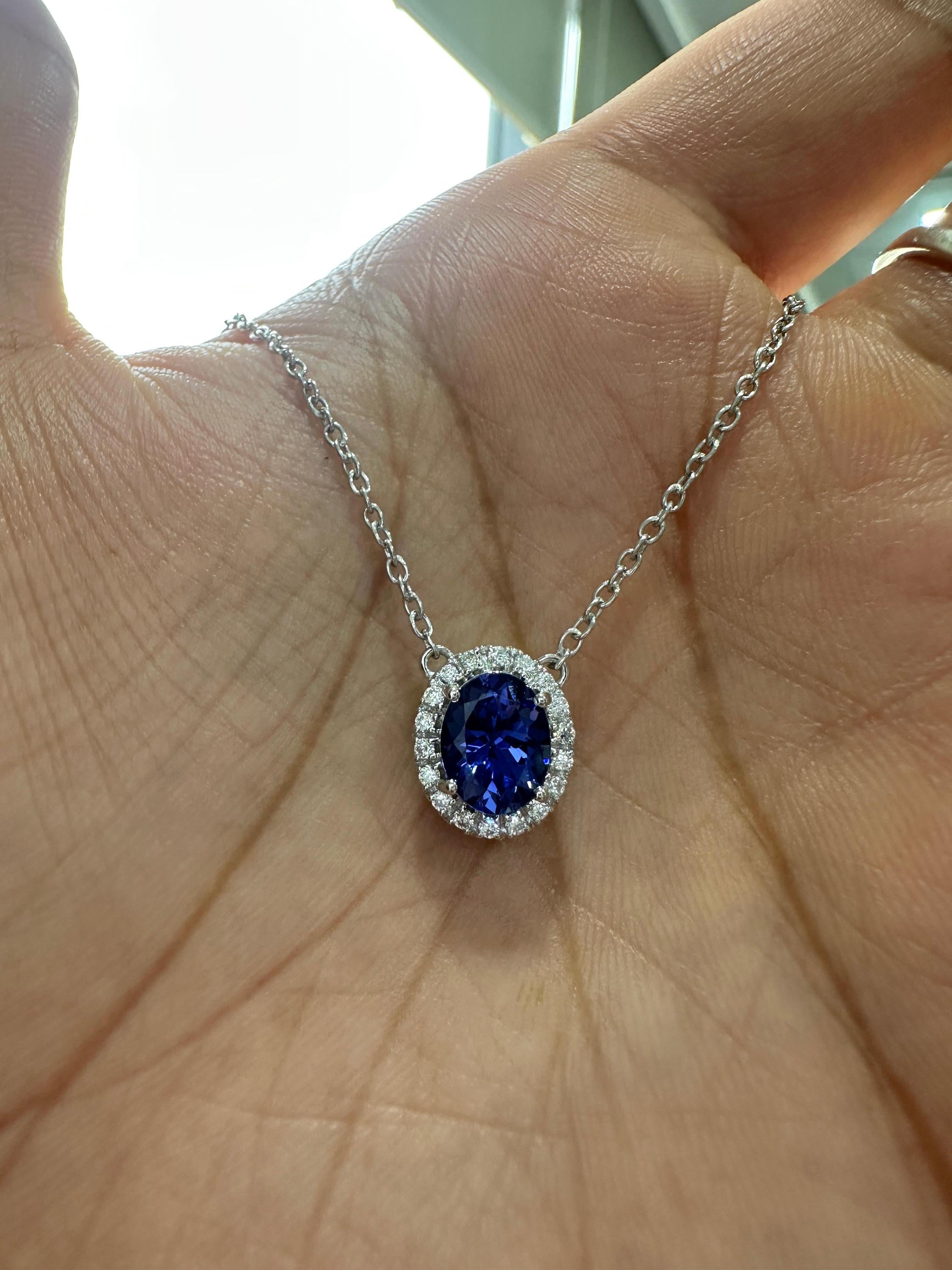 14k White Gold Tanzanite Diamond Halo Pendant, Blue Violet Gemstone Necklace