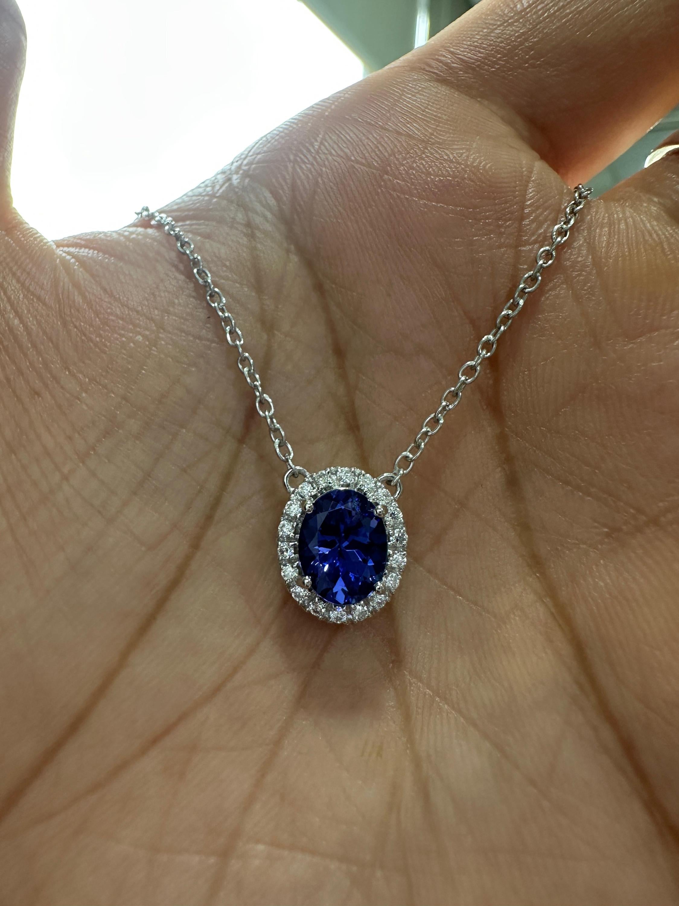 14k White Gold Tanzanite Diamond Halo Pendant, Blue Violet Gemstone Necklace