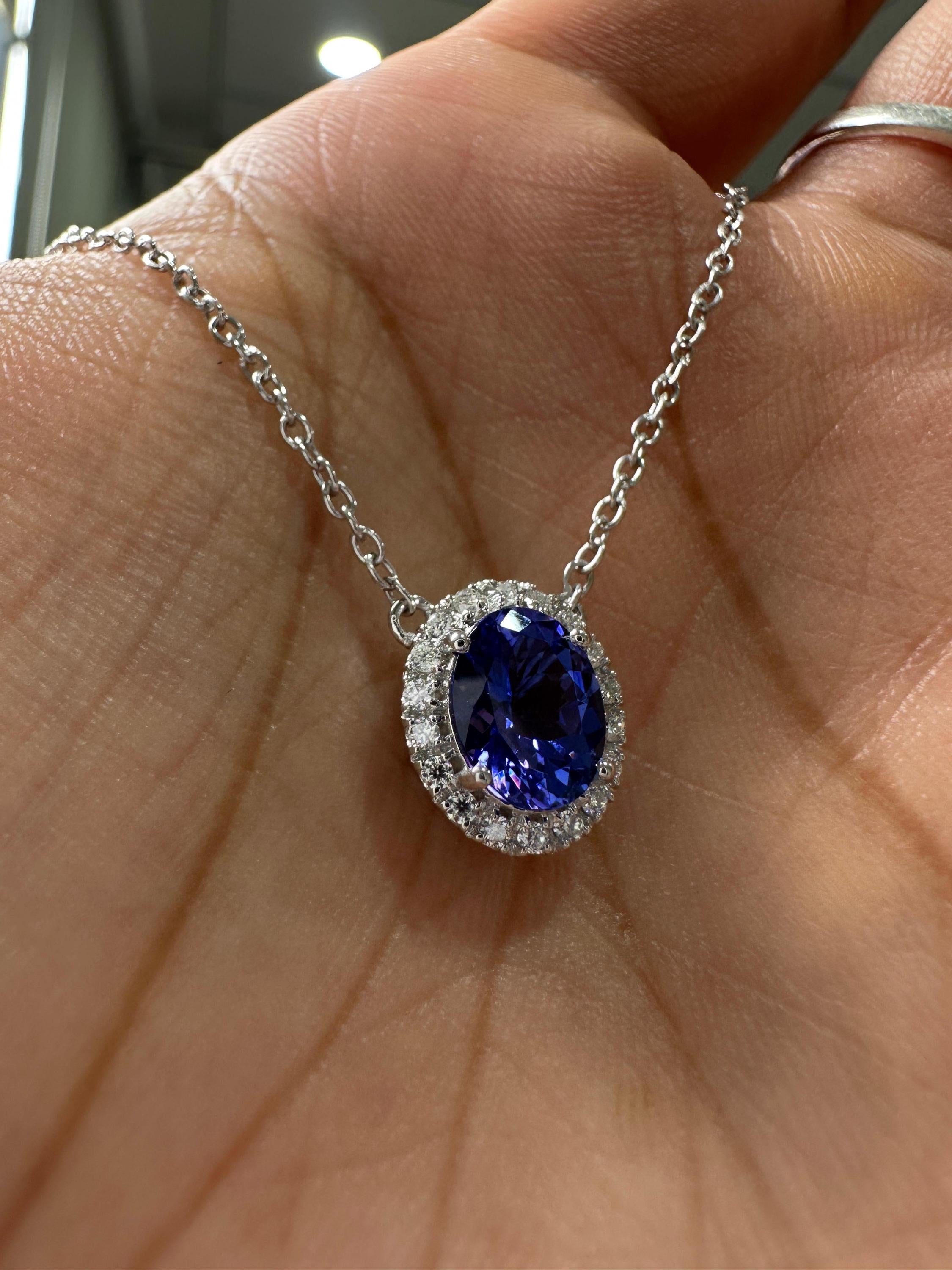 14k White Gold Tanzanite Diamond Halo Pendant, Blue Violet Gemstone Necklace