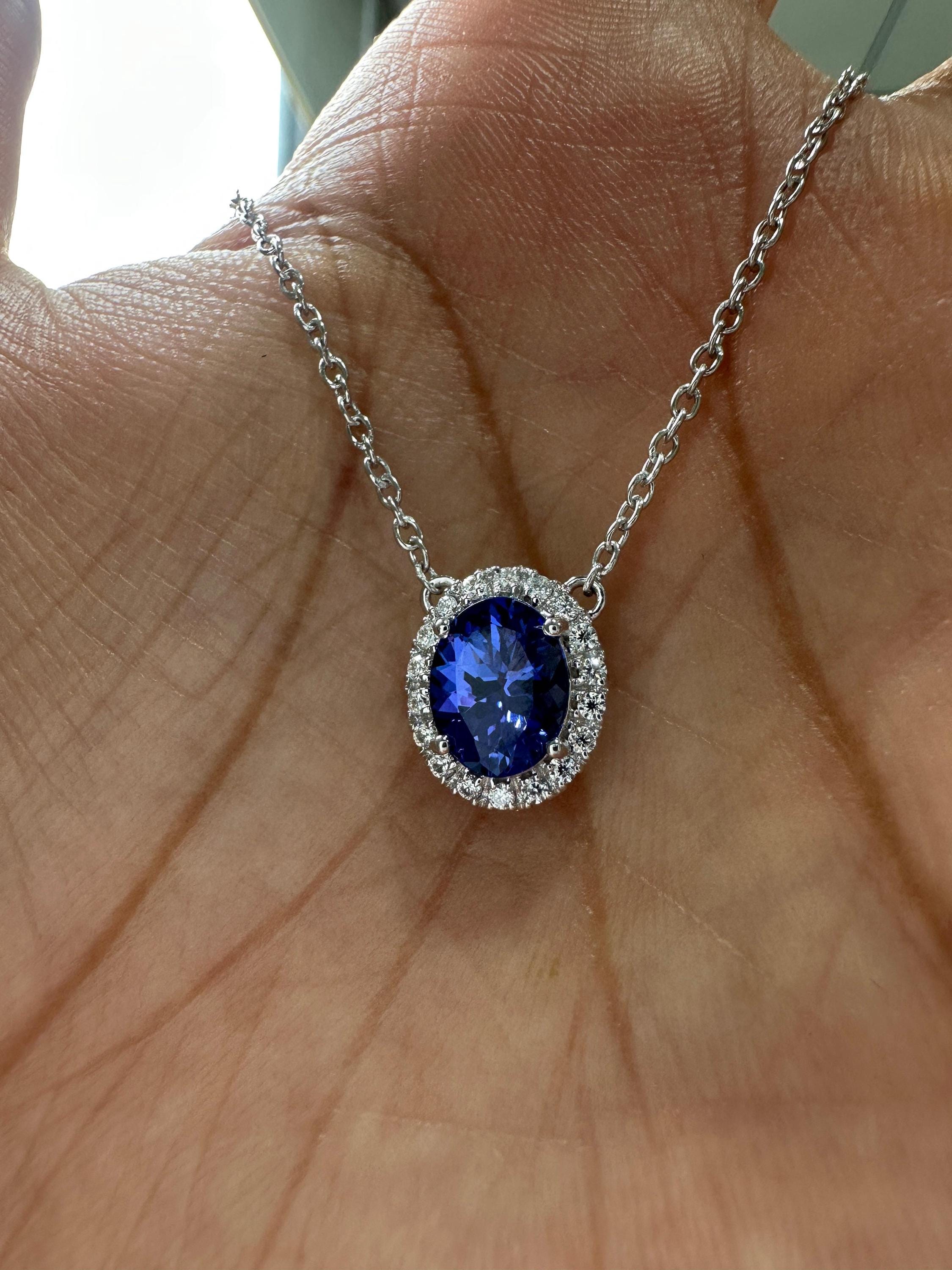14k White Gold Tanzanite Diamond Halo Pendant, Blue Violet Gemstone Necklace