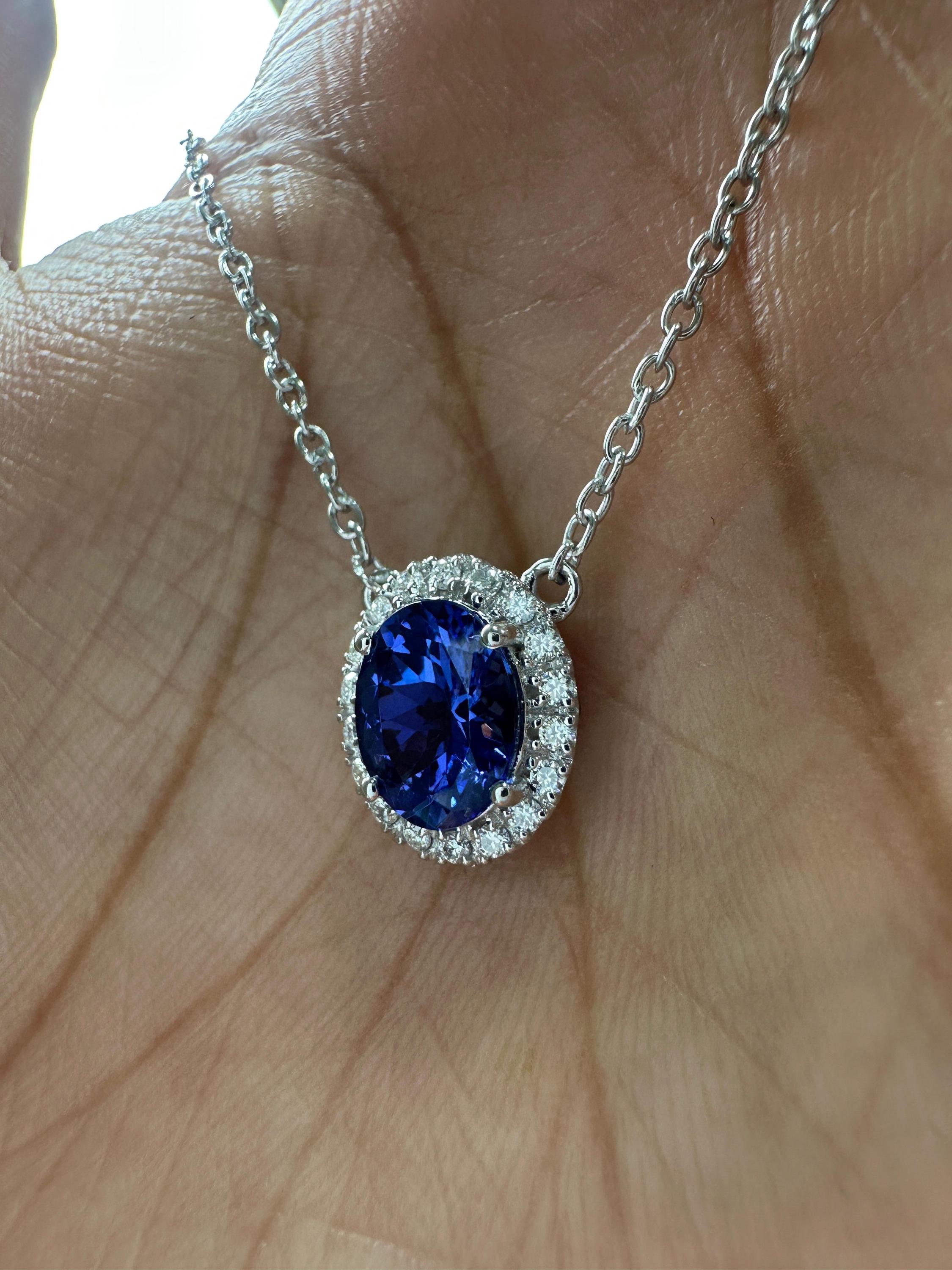 14k White Gold Tanzanite Diamond Halo Pendant, Blue Violet Gemstone Necklace