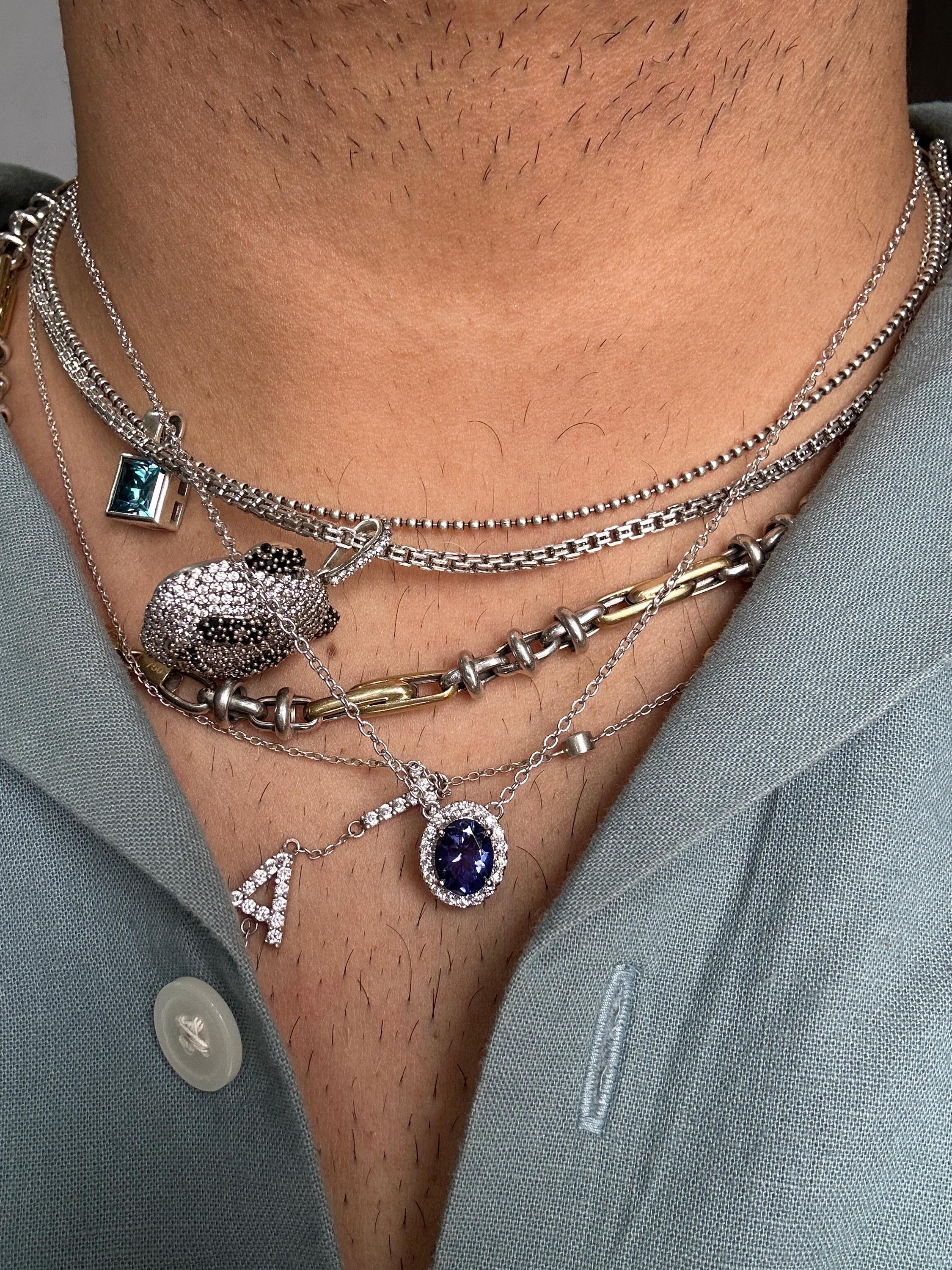 14k White Gold Tanzanite Diamond Halo Pendant, Blue Violet Gemstone Necklace