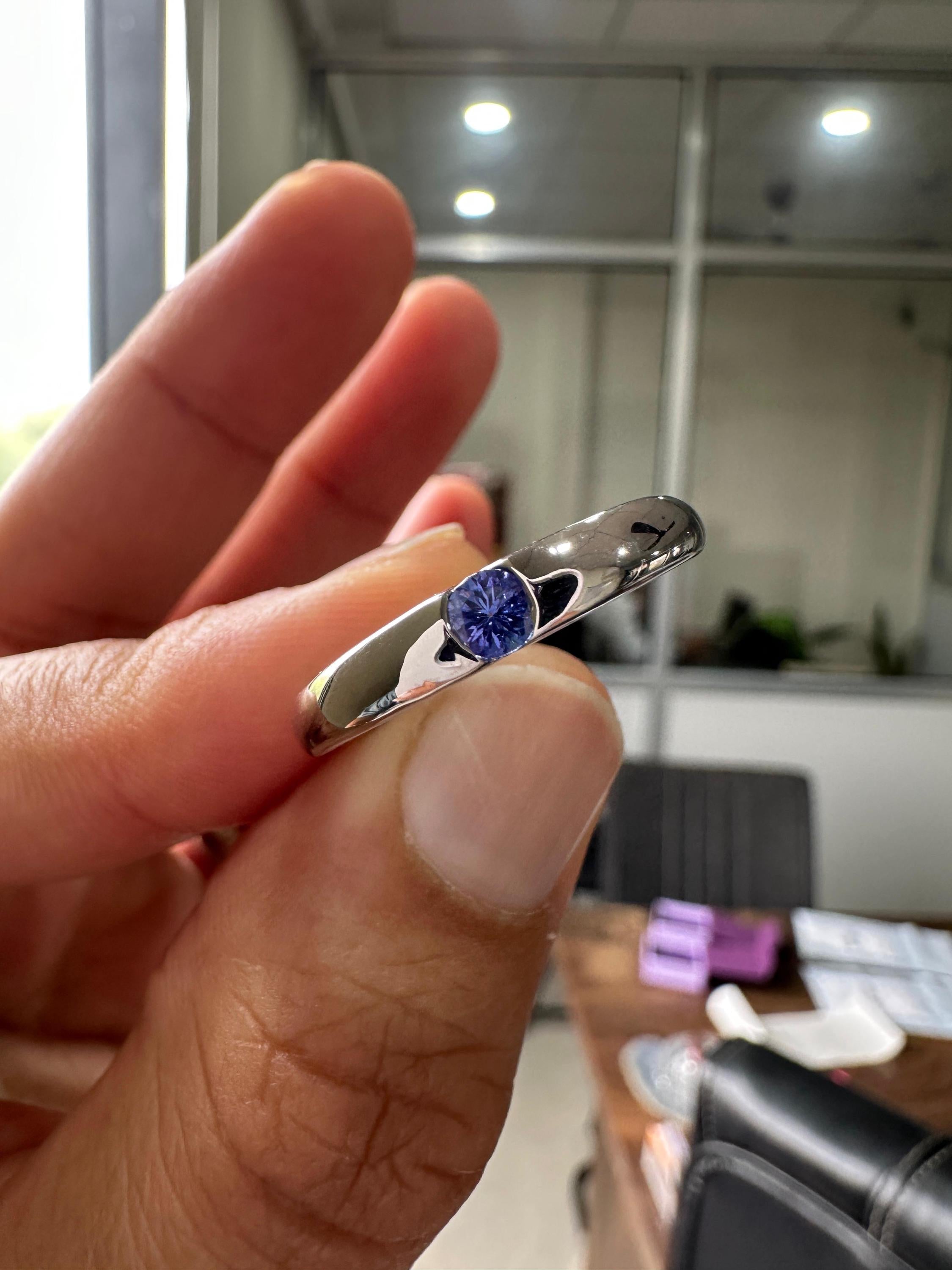 14K White Gold Tanzanite Engagement Band Ring | Minimalist Half Bezel Couple Ring