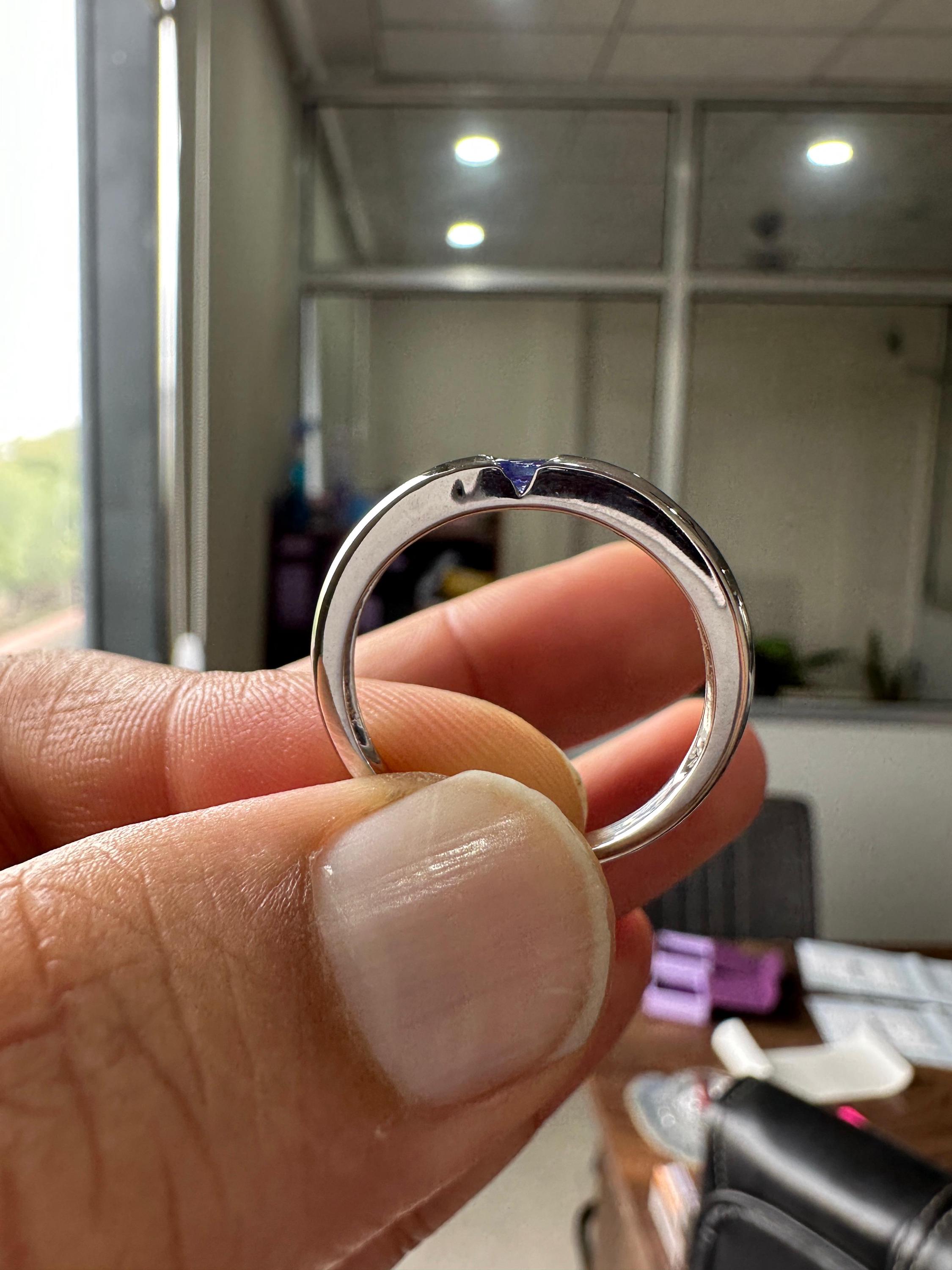 14K White Gold Tanzanite Engagement Band Ring | Minimalist Half Bezel Couple Ring