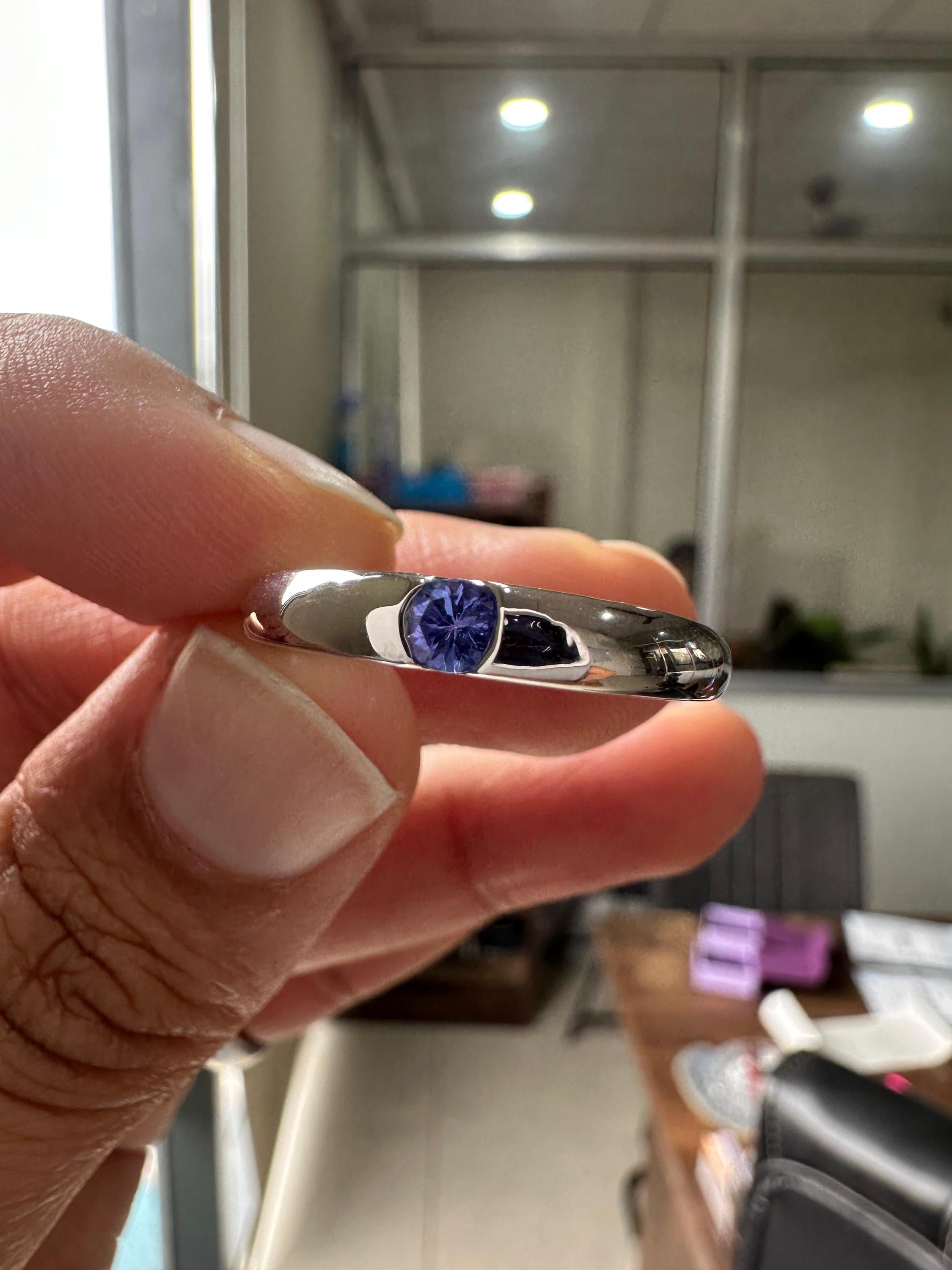 14K White Gold Tanzanite Engagement Band Ring | Minimalist Half Bezel Couple Ring
