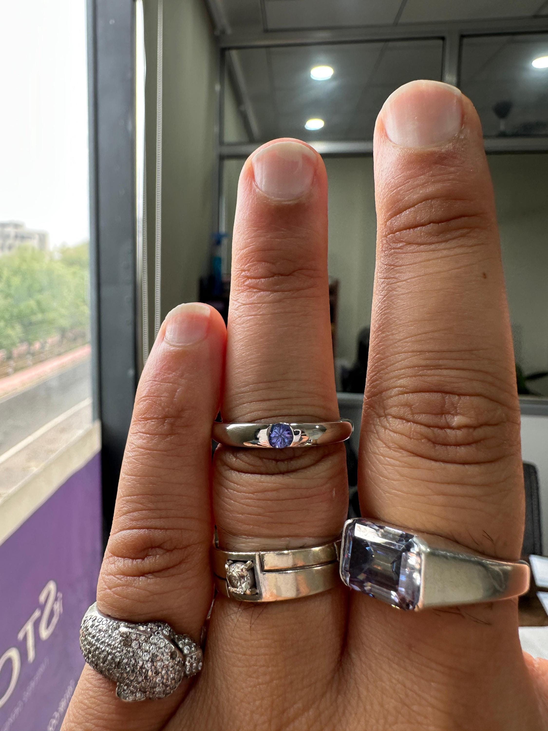 14K White Gold Tanzanite Engagement Band Ring | Minimalist Half Bezel Couple Ring