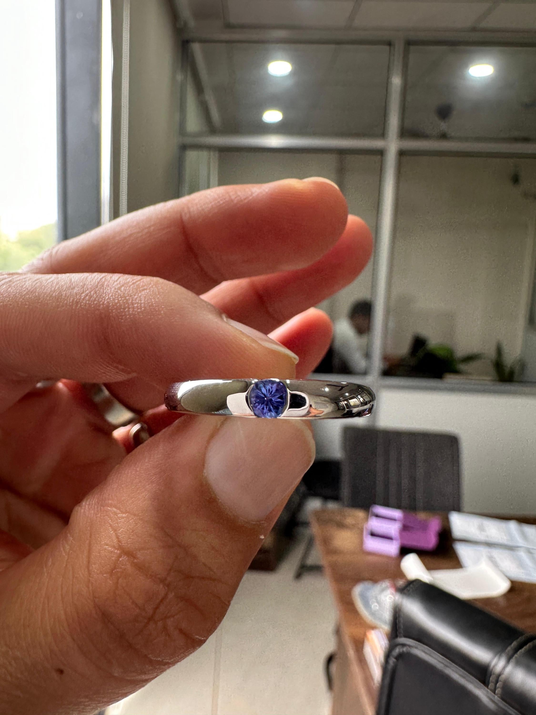 14K White Gold Tanzanite Engagement Band Ring | Minimalist Half Bezel Couple Ring