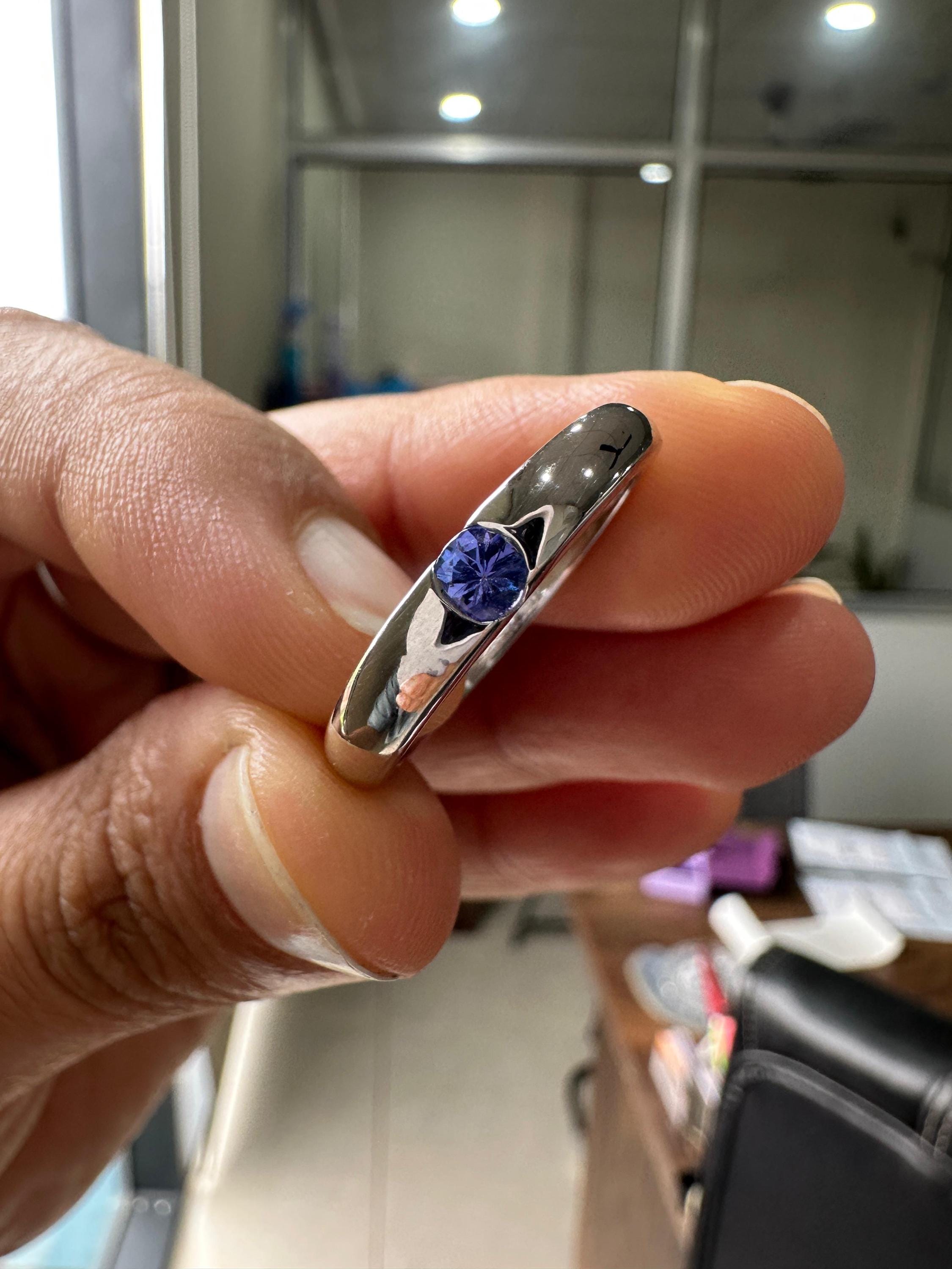 14K White Gold Tanzanite Engagement Band Ring | Minimalist Half Bezel Couple Ring