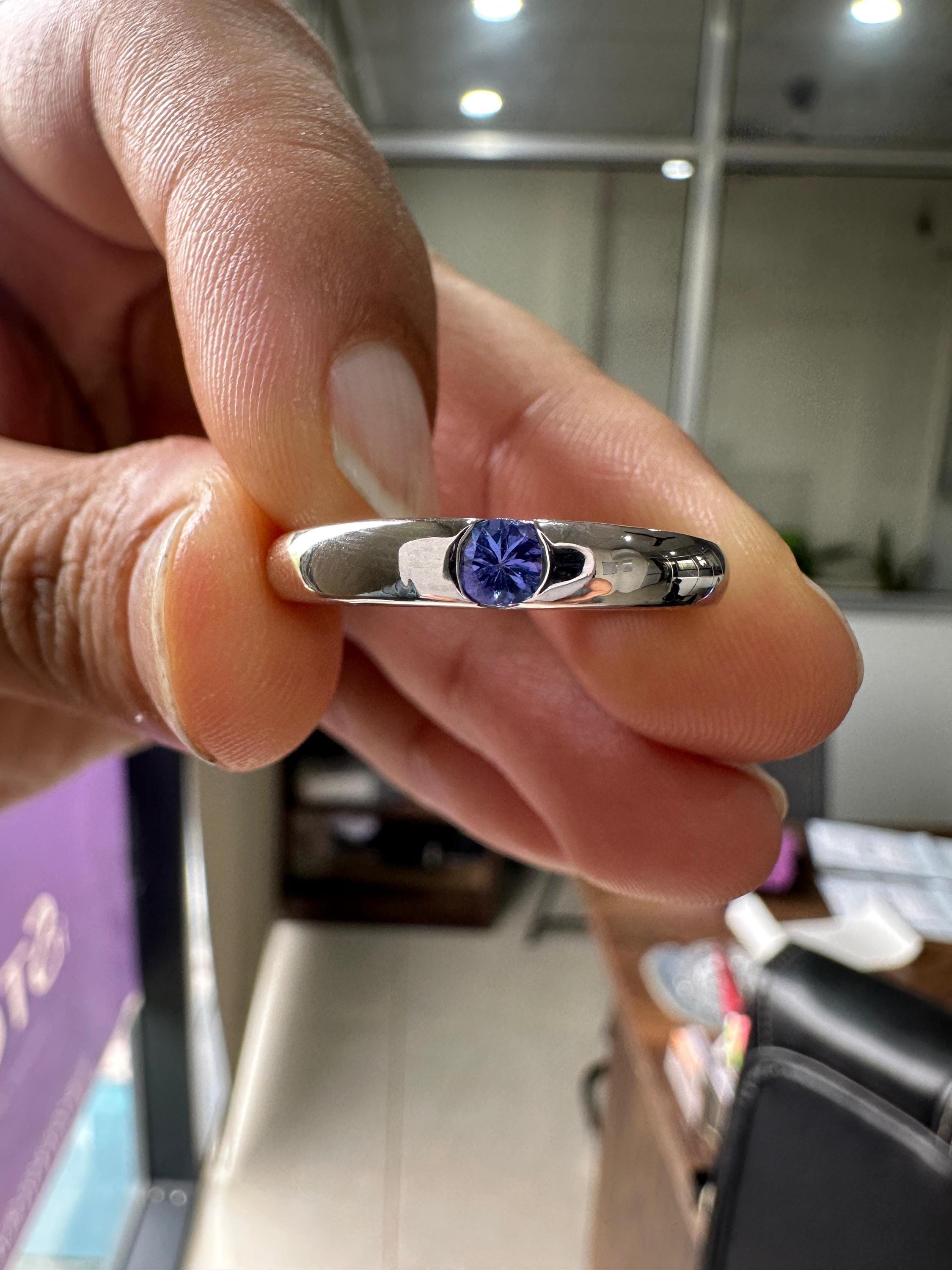 14K White Gold Tanzanite Engagement Band Ring | Minimalist Half Bezel Couple Ring